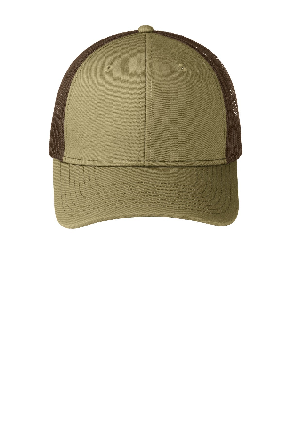Front View of True Khaki/Cof Port Authority Snapback Trucker Cap. C112