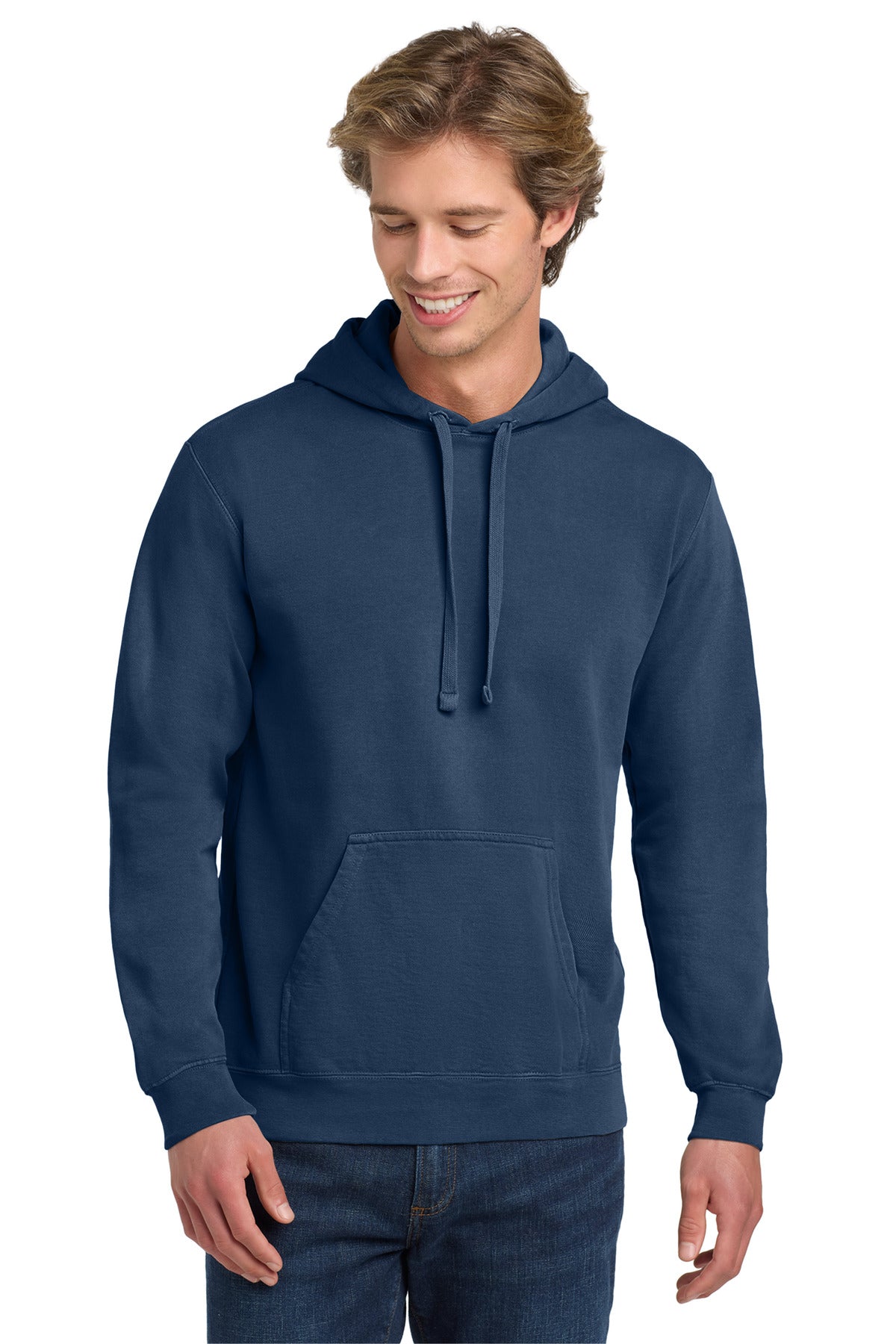 Front View of True Navy COMFORT COLORS Ring Spun Hooded Sweatshirt. 1567
