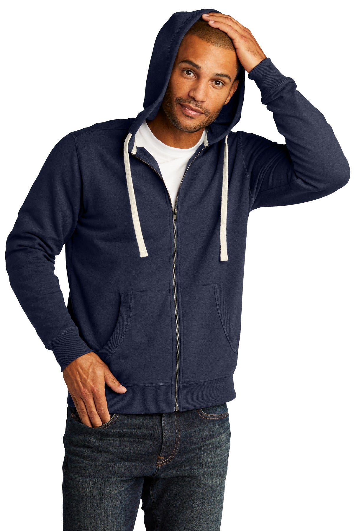 Front View of True Navy District Re-Fleece Full-Zip Hoodie DT8102