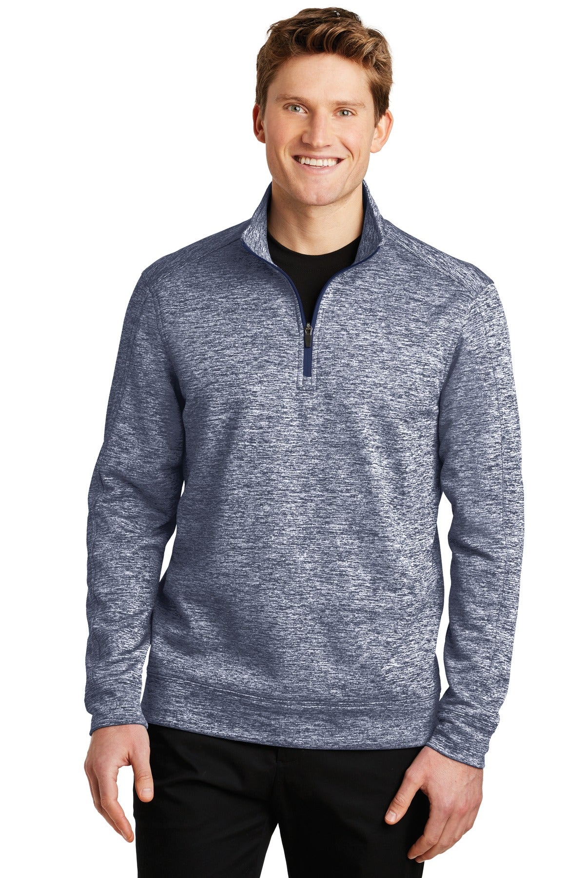 Front View of True Navy Elec Sport-Tek PosiCharge Electric Heather Fleece 1/4-Zip Pullover. ST226