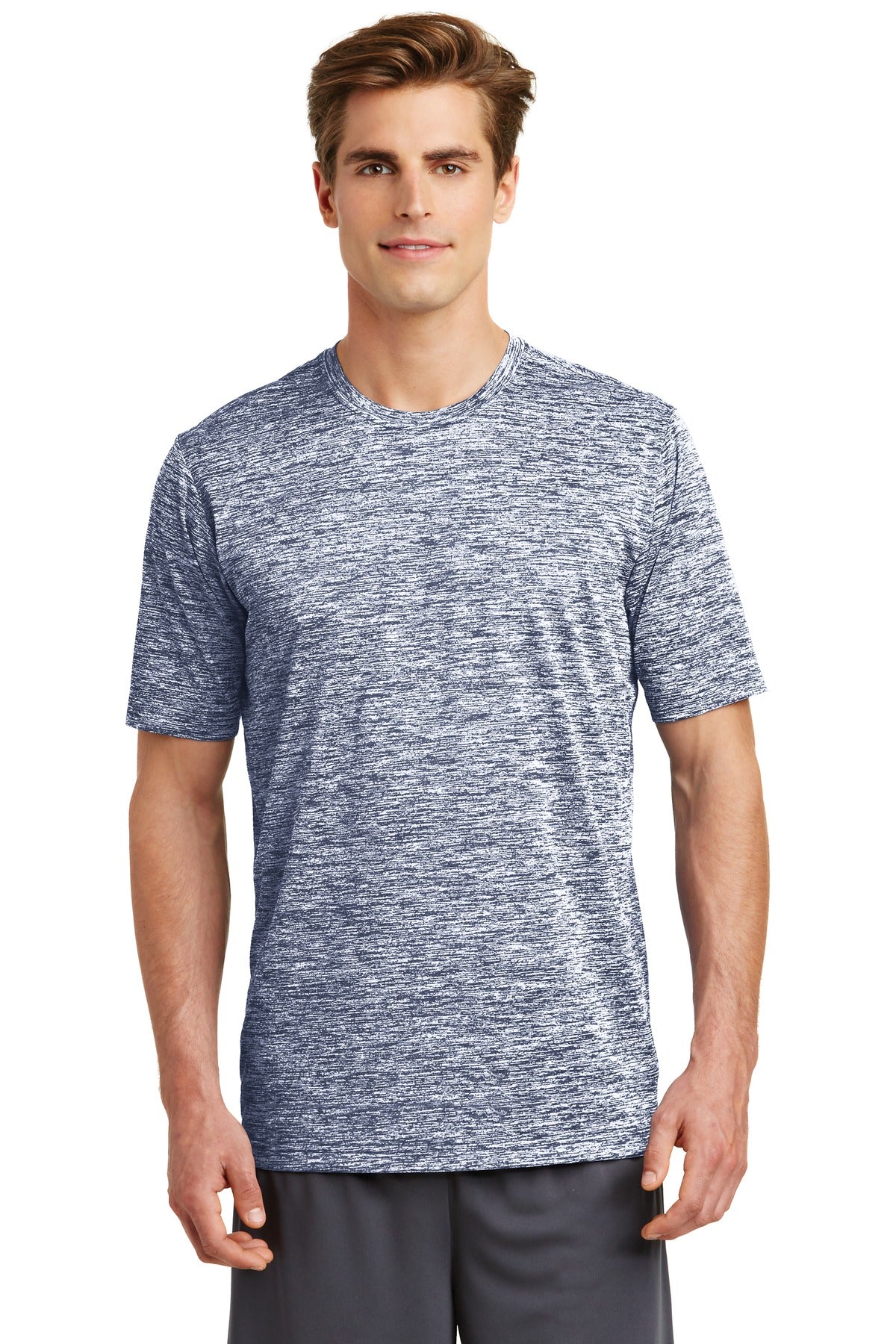 Front View of True Navy Elec Sport-Tek PosiCharge Electric Heather Tee. ST390