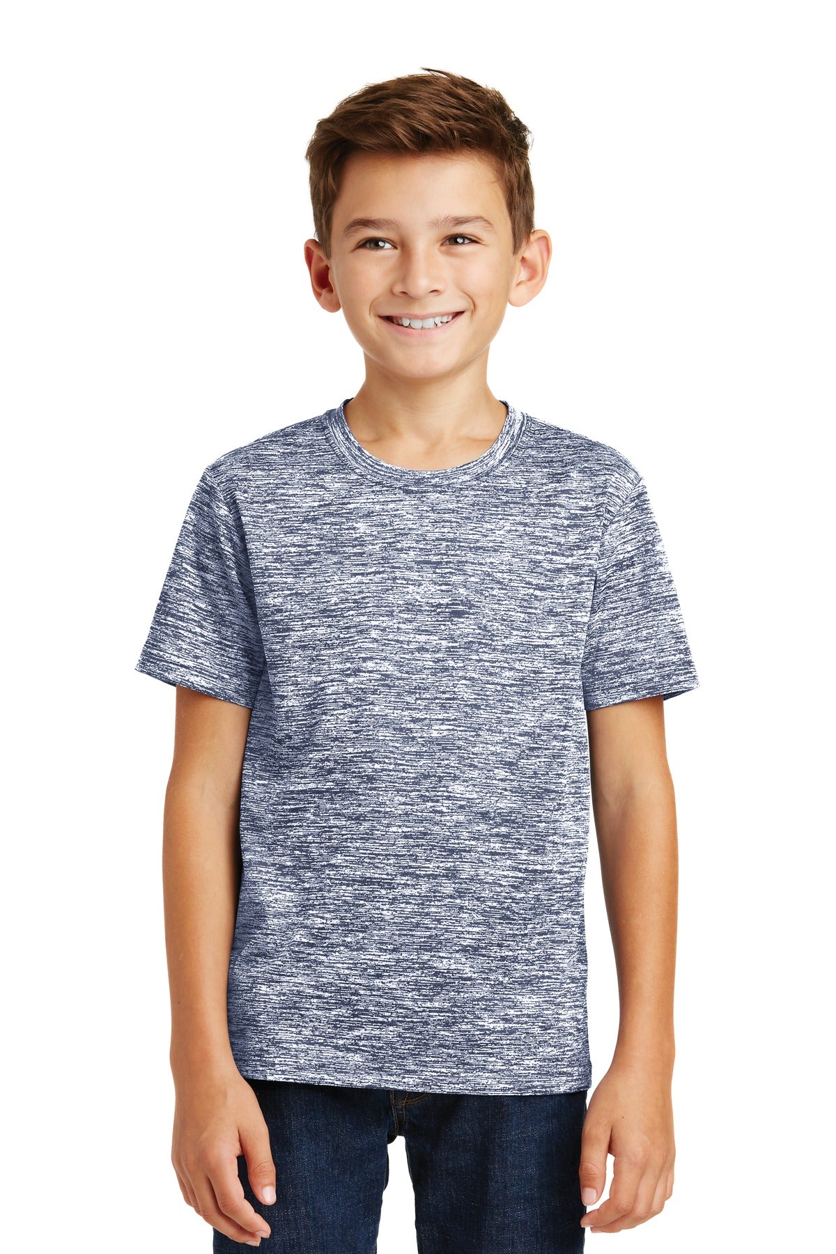 Front View of True Navy Elec Sport-Tek Youth PosiCharge Electric Heather Tee. YST390