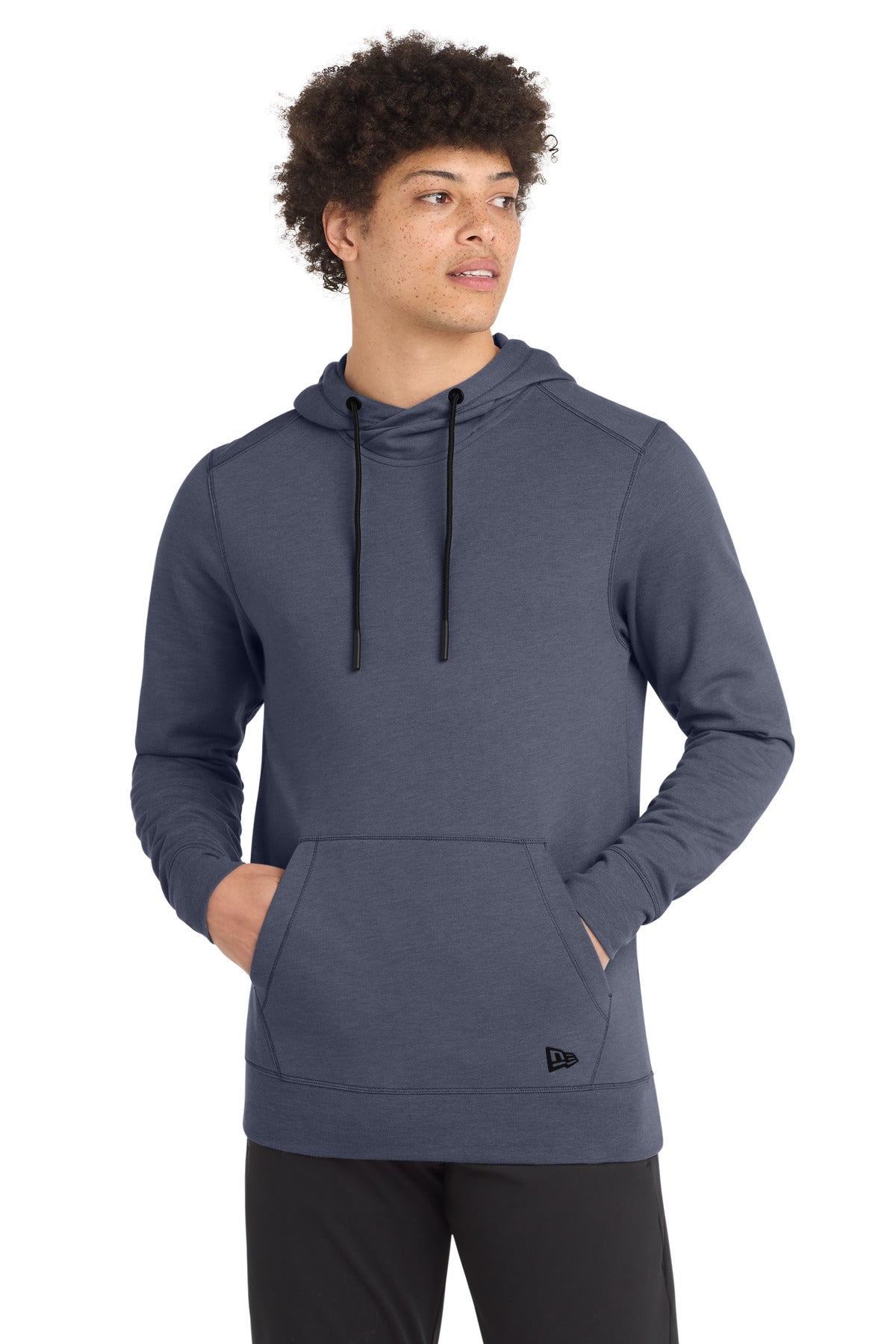 Front View of True Navy Hthr New Era Tri-Blend Fleece Pullover Hoodie. NEA510
