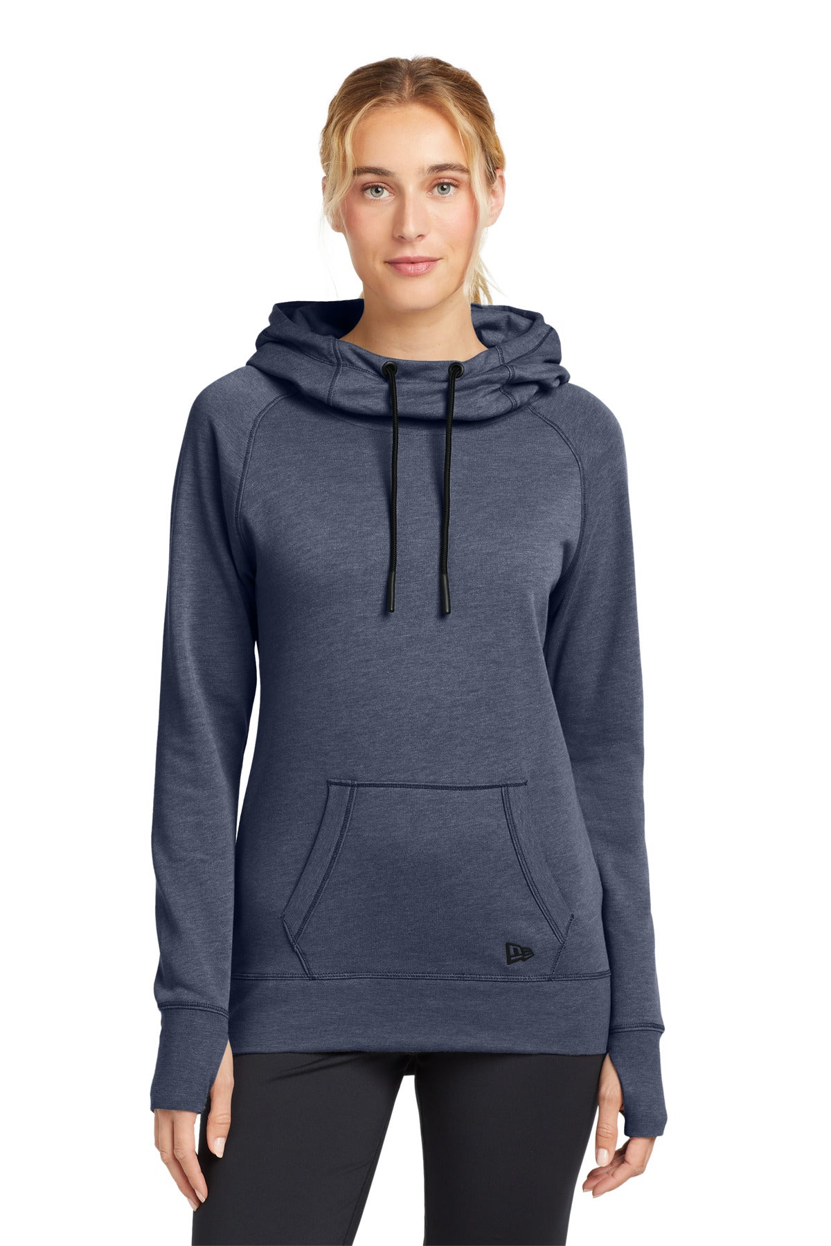 Front View of True Navy Hthr New Era Women's Tri-Blend Fleece Pullover Hoodie. LNEA510