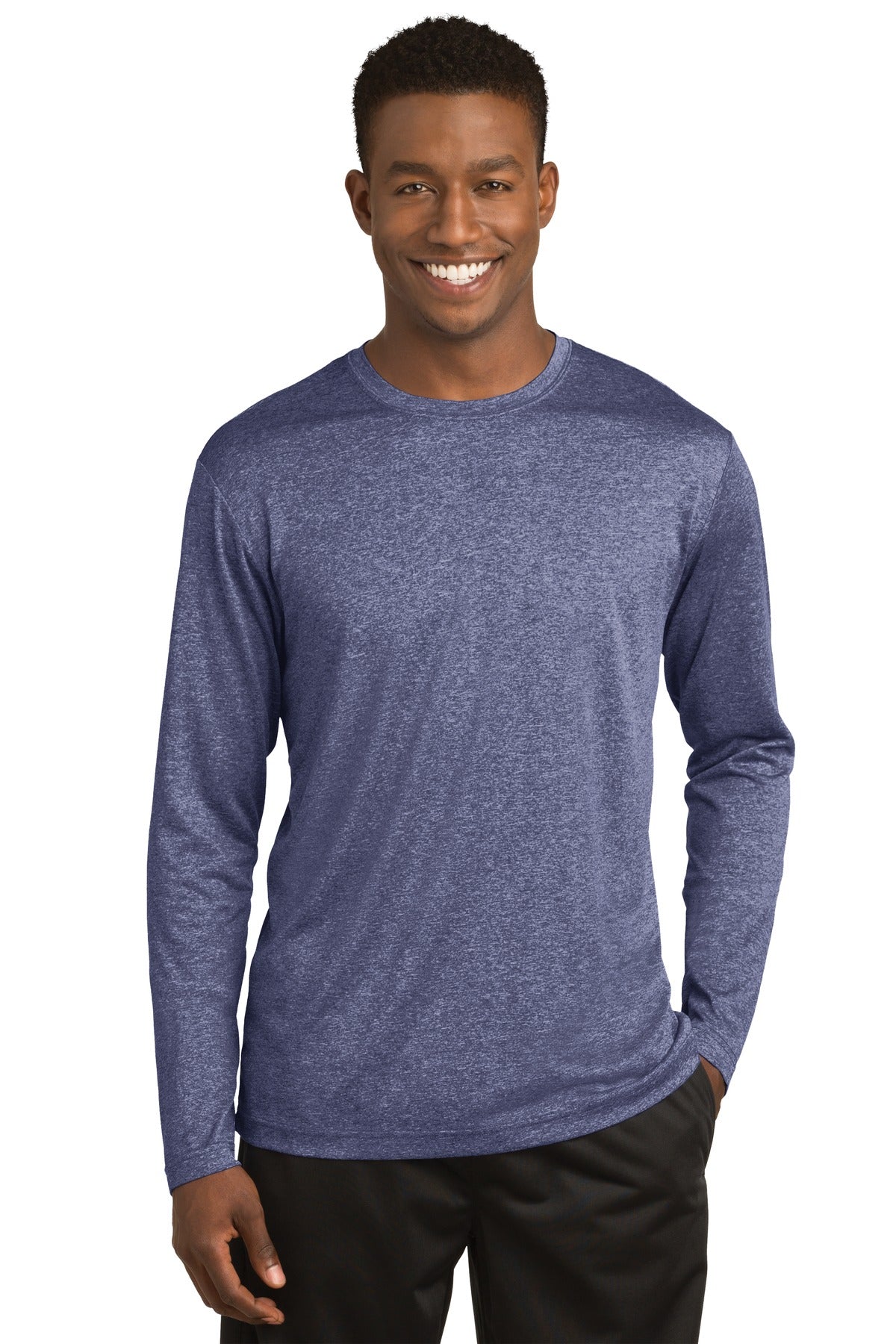 Front View of True Navy Hthr Sport-Tek Long Sleeve Heather Contender Tee. ST360LS