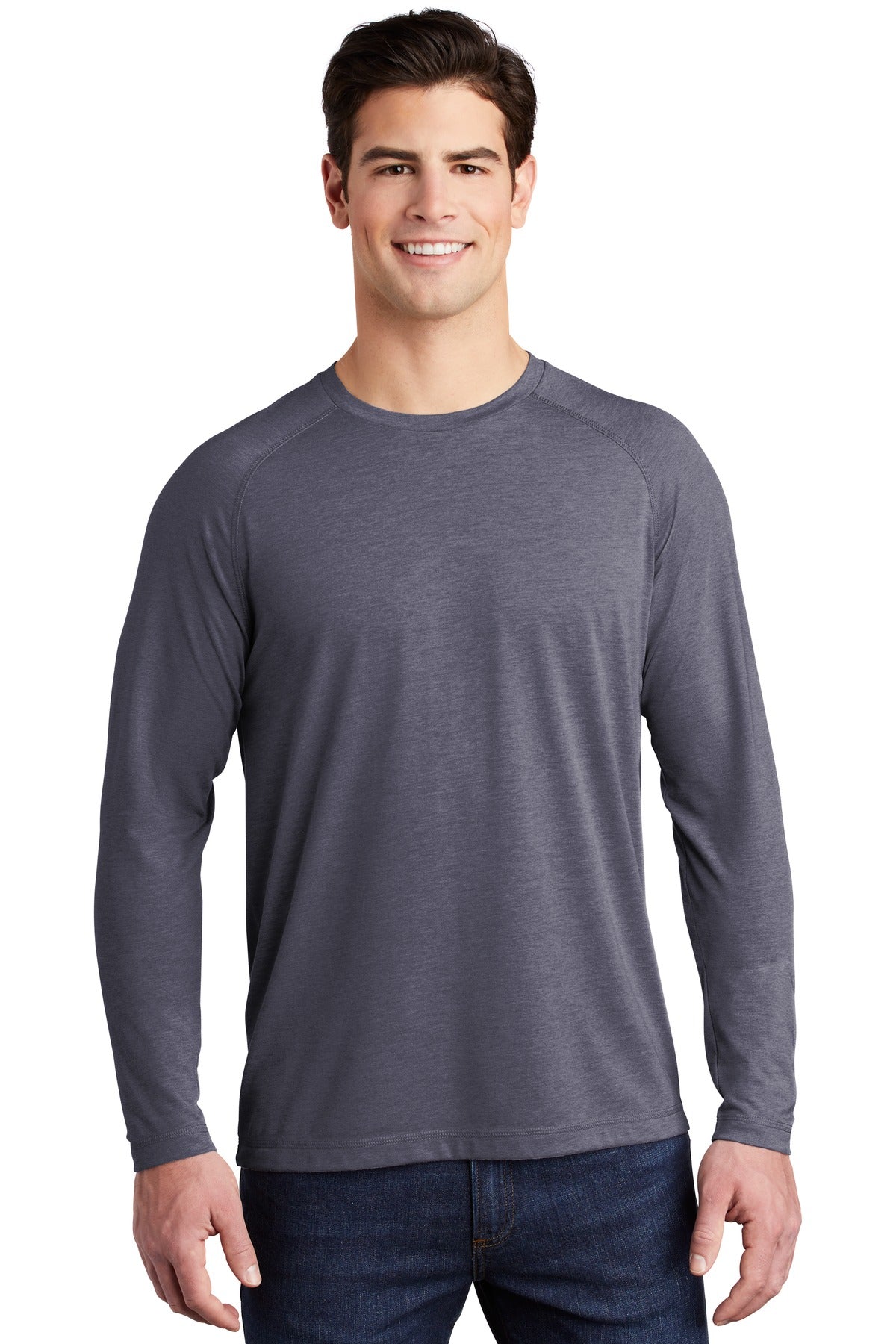 Front View of True Navy Hthr Sport-Tek PosiCharge Long Sleeve Tri-Blend Wicking Raglan Tee ST400LS