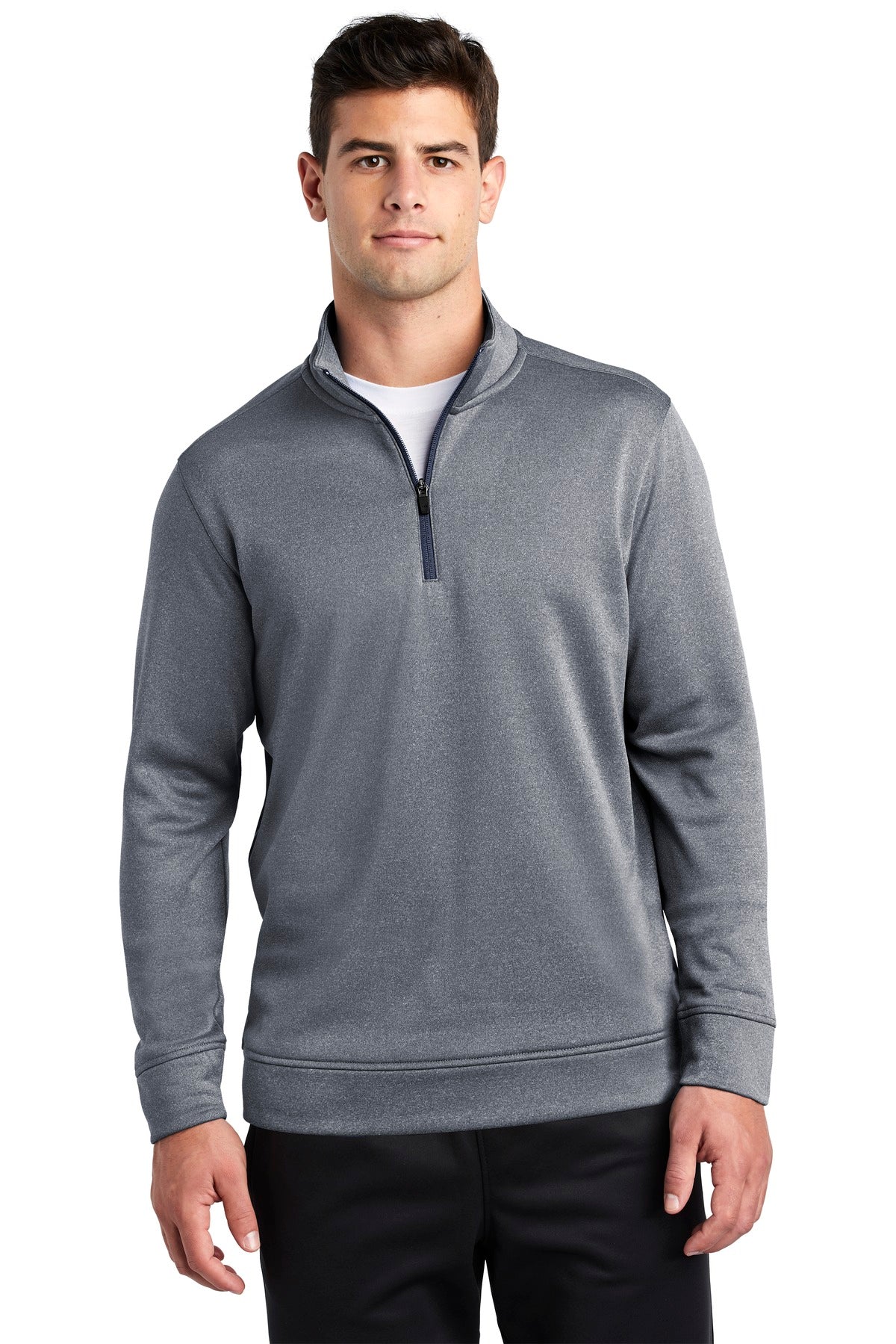 Front View of True Navy Hthr Sport-Tek PosiCharge Sport-Wick Heather Fleece 1/4-Zip Pullover. ST263