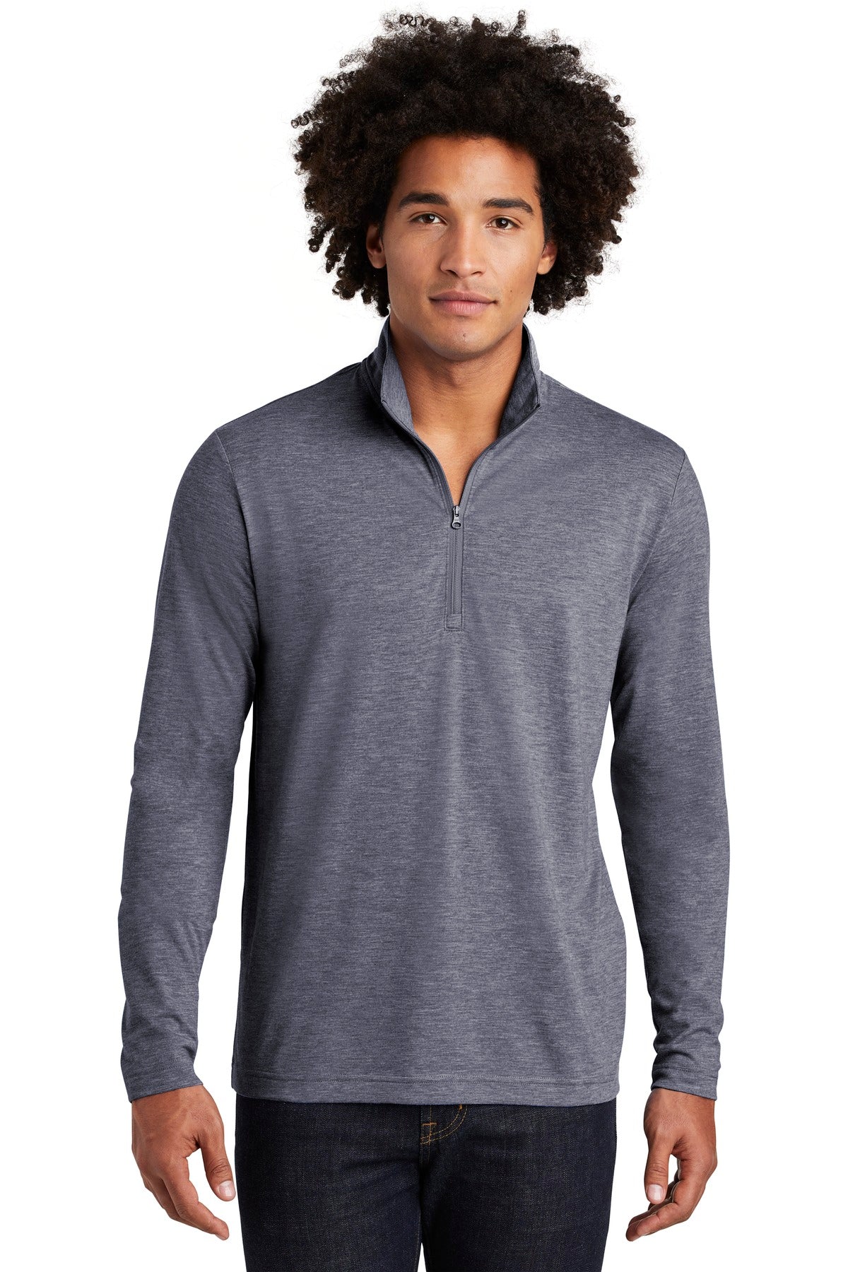 Front View of True Navy Hthr Sport-Tek PosiCharge Tri-Blend Wicking 1/4-Zip Pullover. ST407