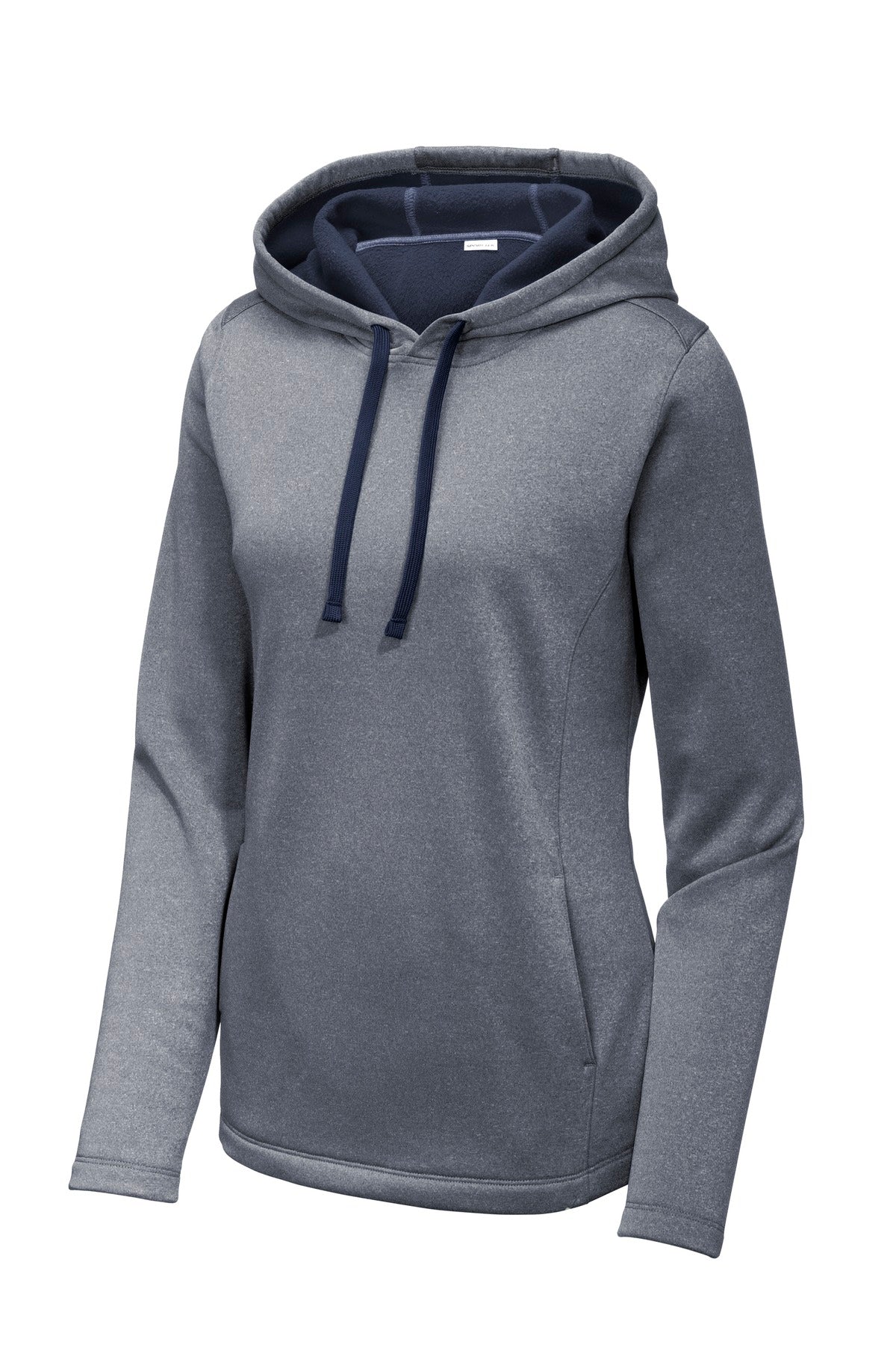 Front View of True Navy Hthr Sport-Tek Women's PosiCharge Sport-Wick Heather Fleece Hooded Pullover. LST264