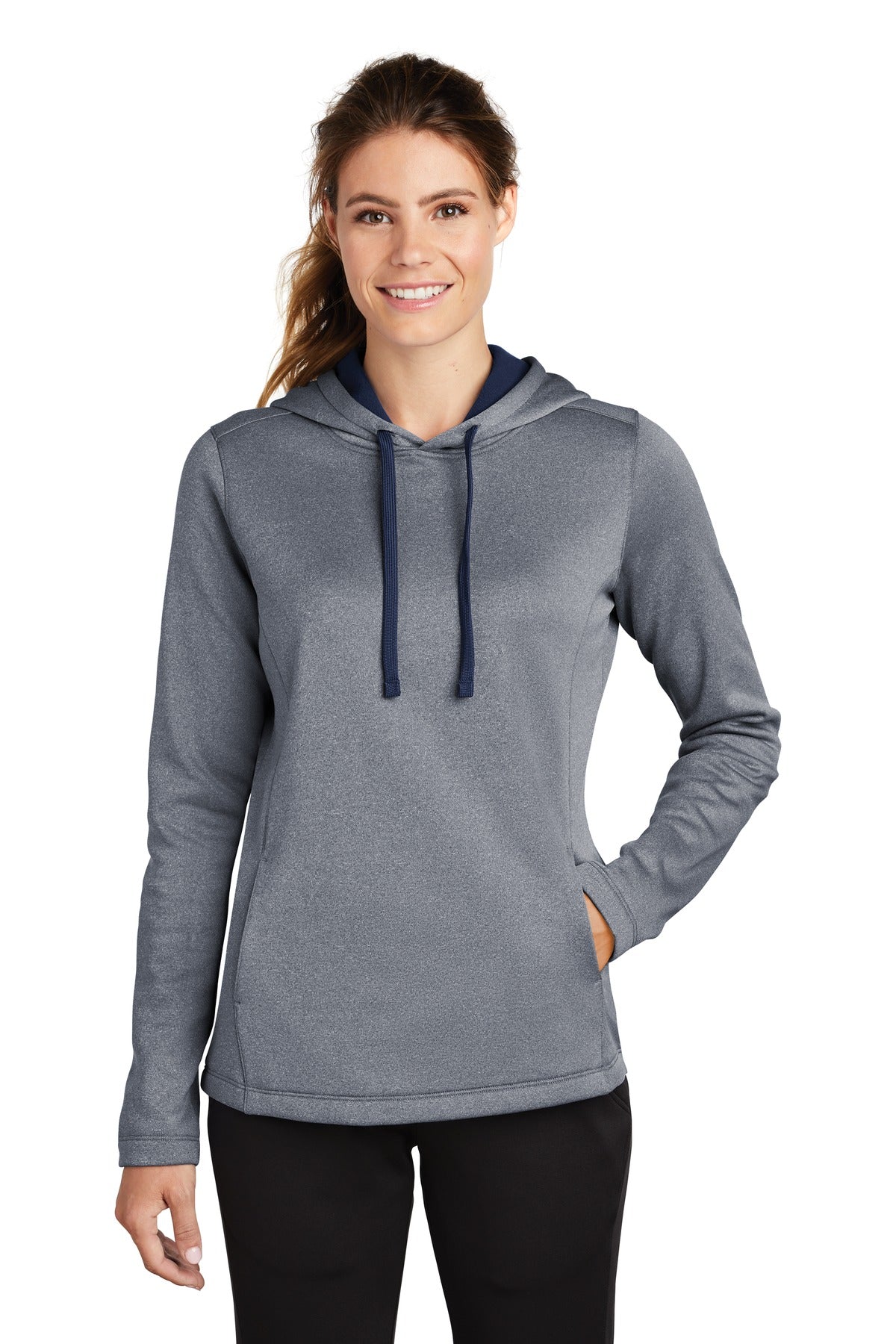 Front View of True Navy Hthr Sport-Tek Women's PosiCharge Sport-Wick Heather Fleece Hooded Pullover. LST264