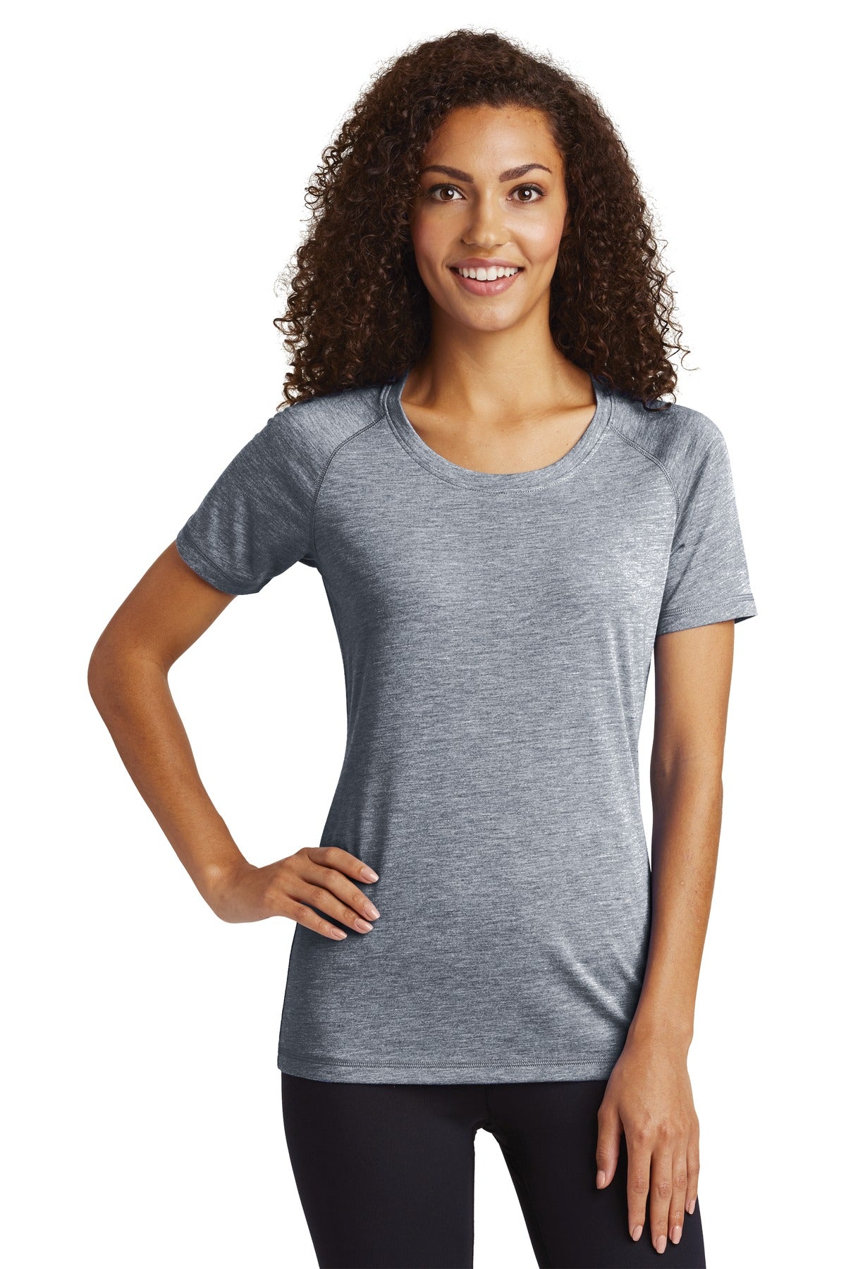 Front View of True Navy Hthr Sport-Tek Women's PosiCharge Tri-Blend Wicking Scoop Neck Raglan Tee. LST400