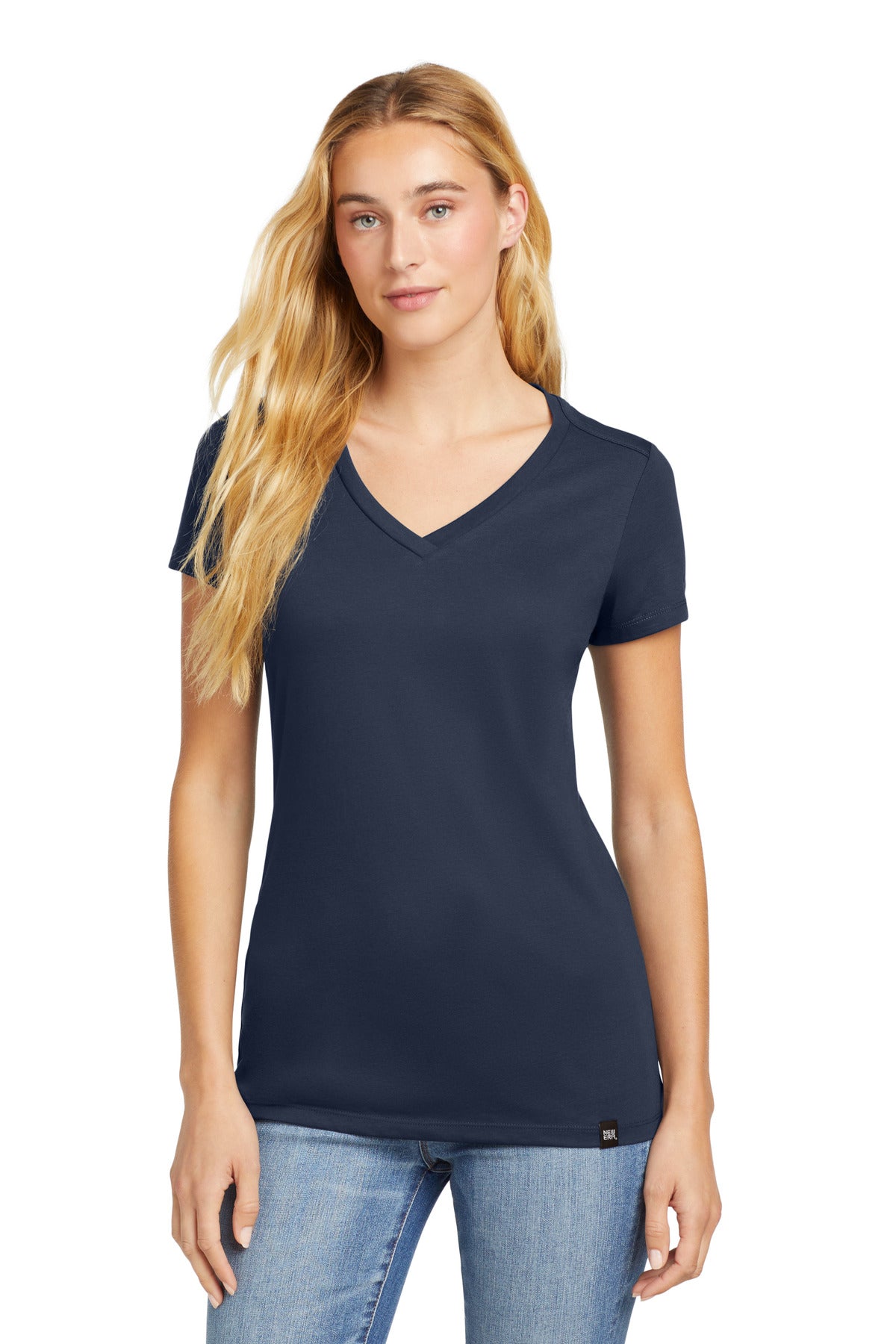 Front View of True Navy New Era Women's Heritage Blend V-Neck Tee. LNEA101