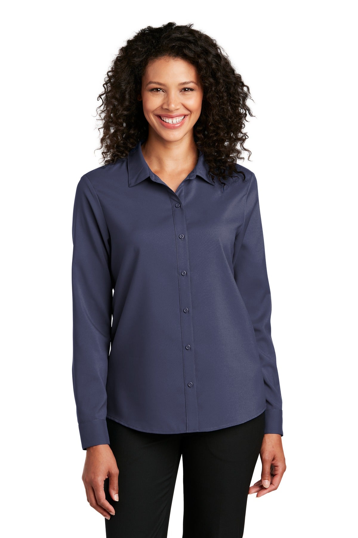 Front View of True Navy Port Authority Women's Long Sleeve Performance Staff Shirt LW401