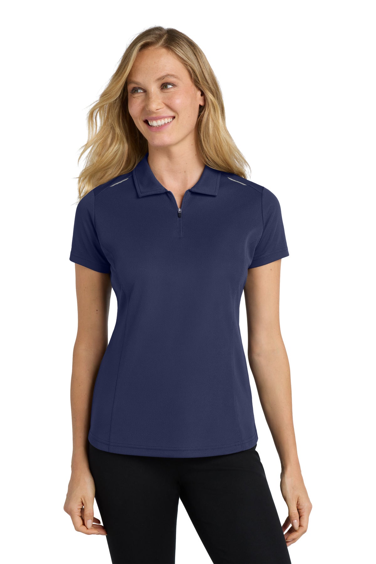 Front View of True Navy Port Authority Women's Pinpoint Mesh Zip Polo. L580