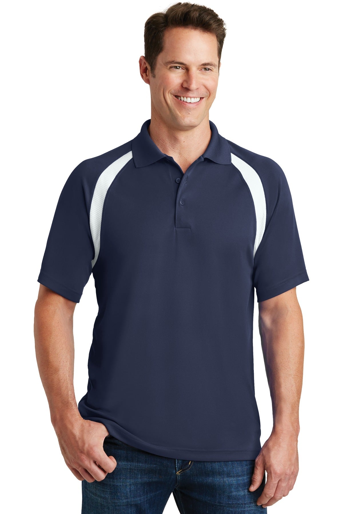 Front View of True Navy Sport-Tek Dry Zone Colorblock Raglan Polo. T476