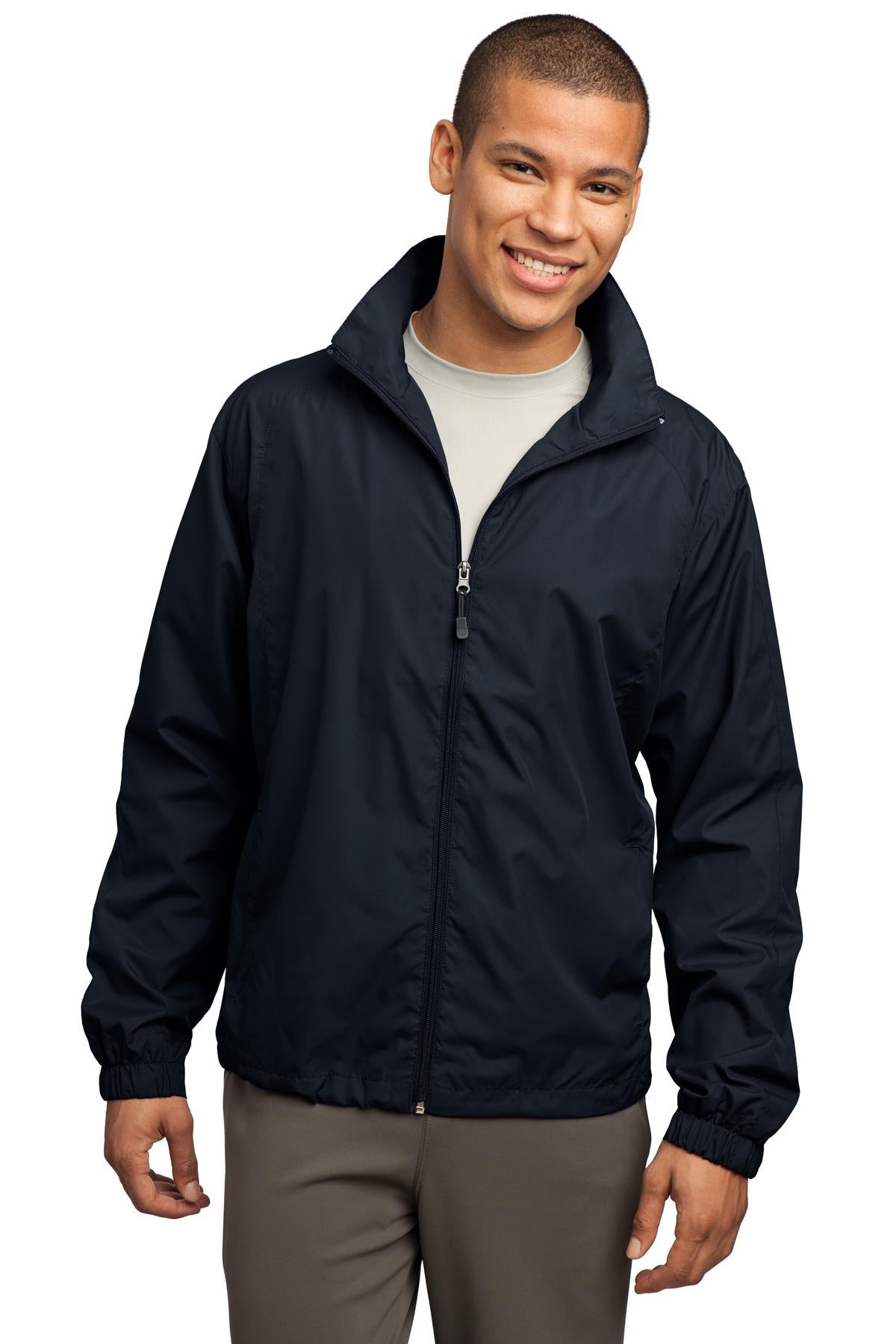 Front View of True Navy Sport-Tek Full-Zip Wind Jacket. JST70