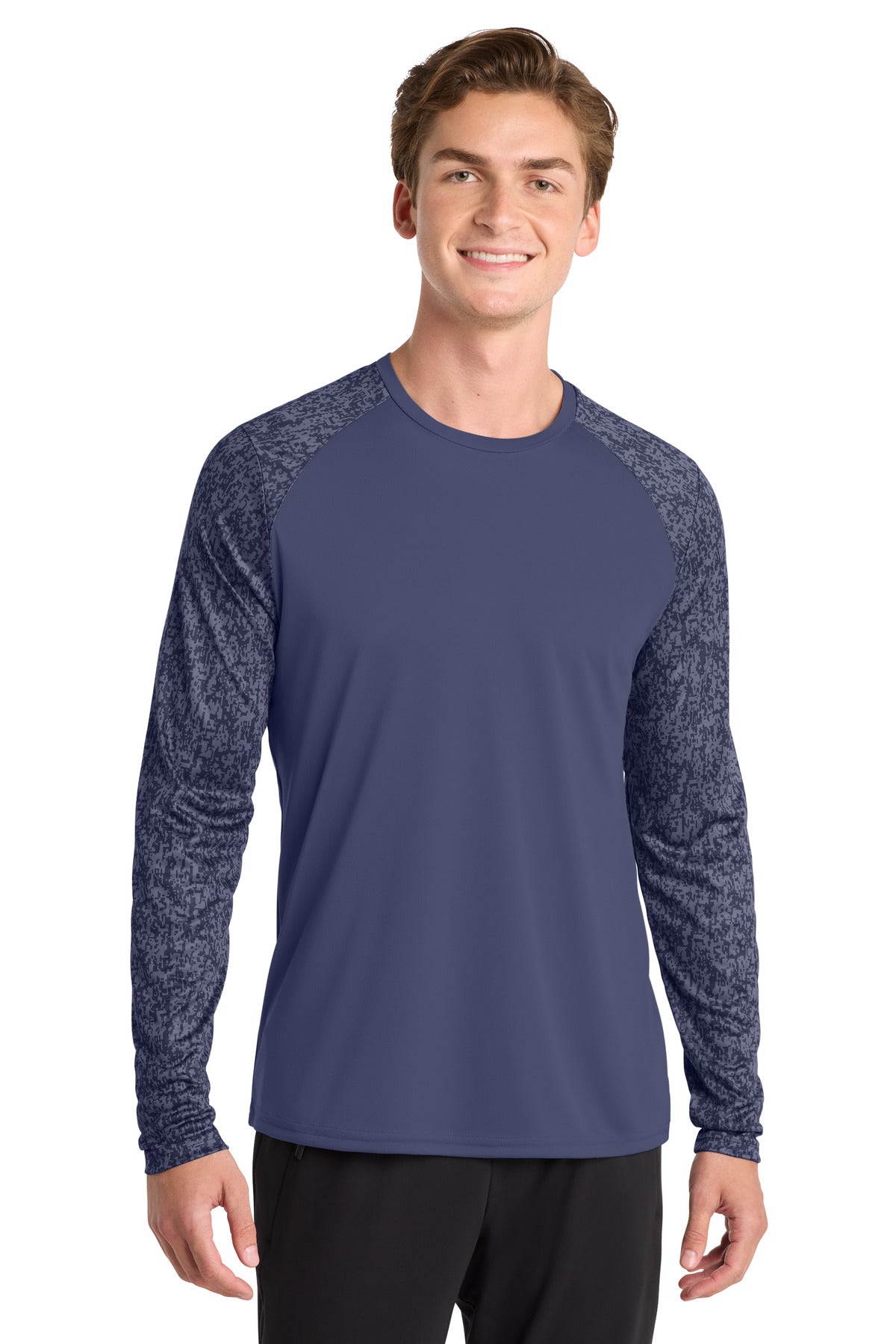 Front View of True Navy Sport-Tek Long Sleeve Digi Camo Tee. ST460LS