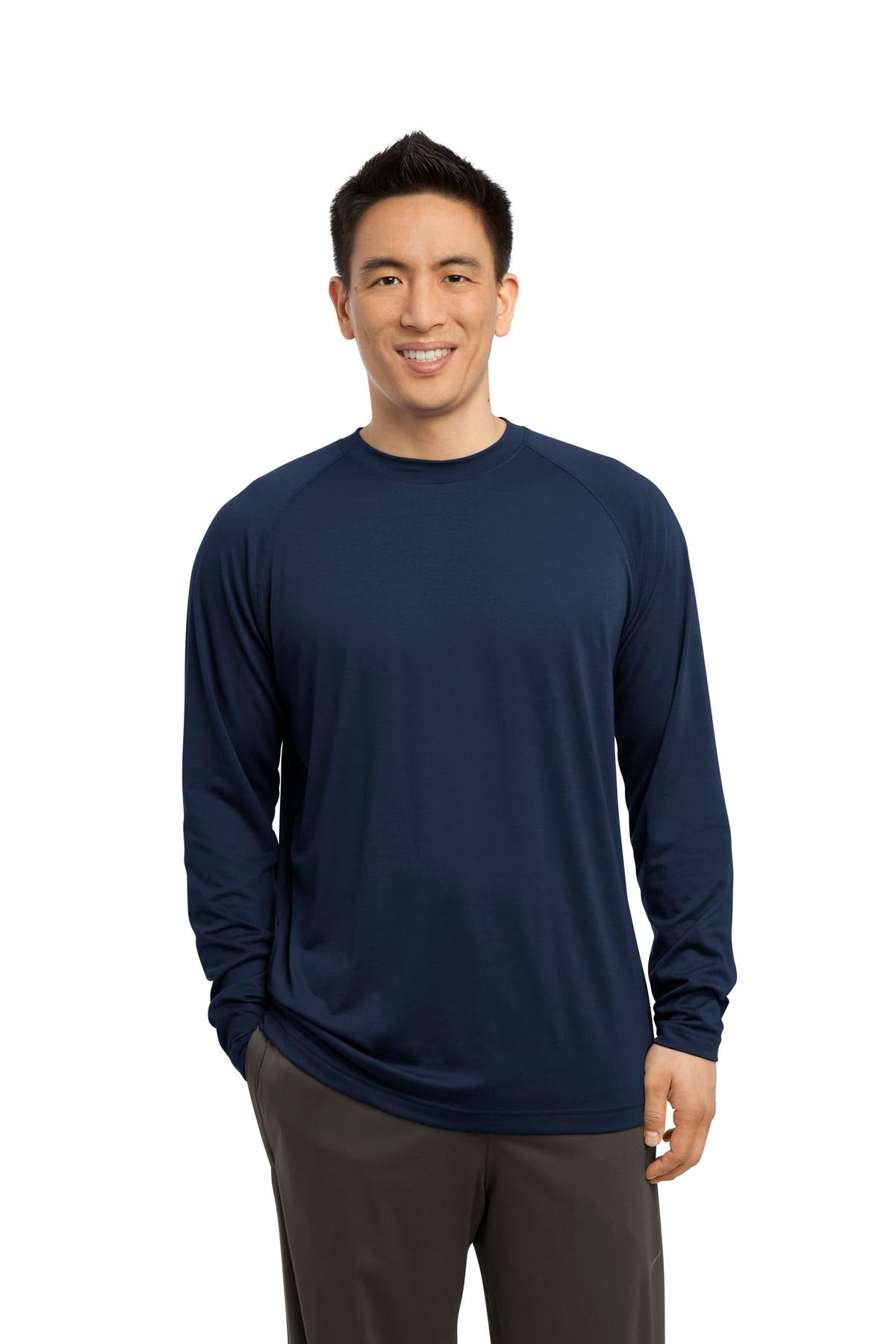 Front View of True Navy Sport-Tek Long Sleeve Ultimate Performance Crew. ST700LS