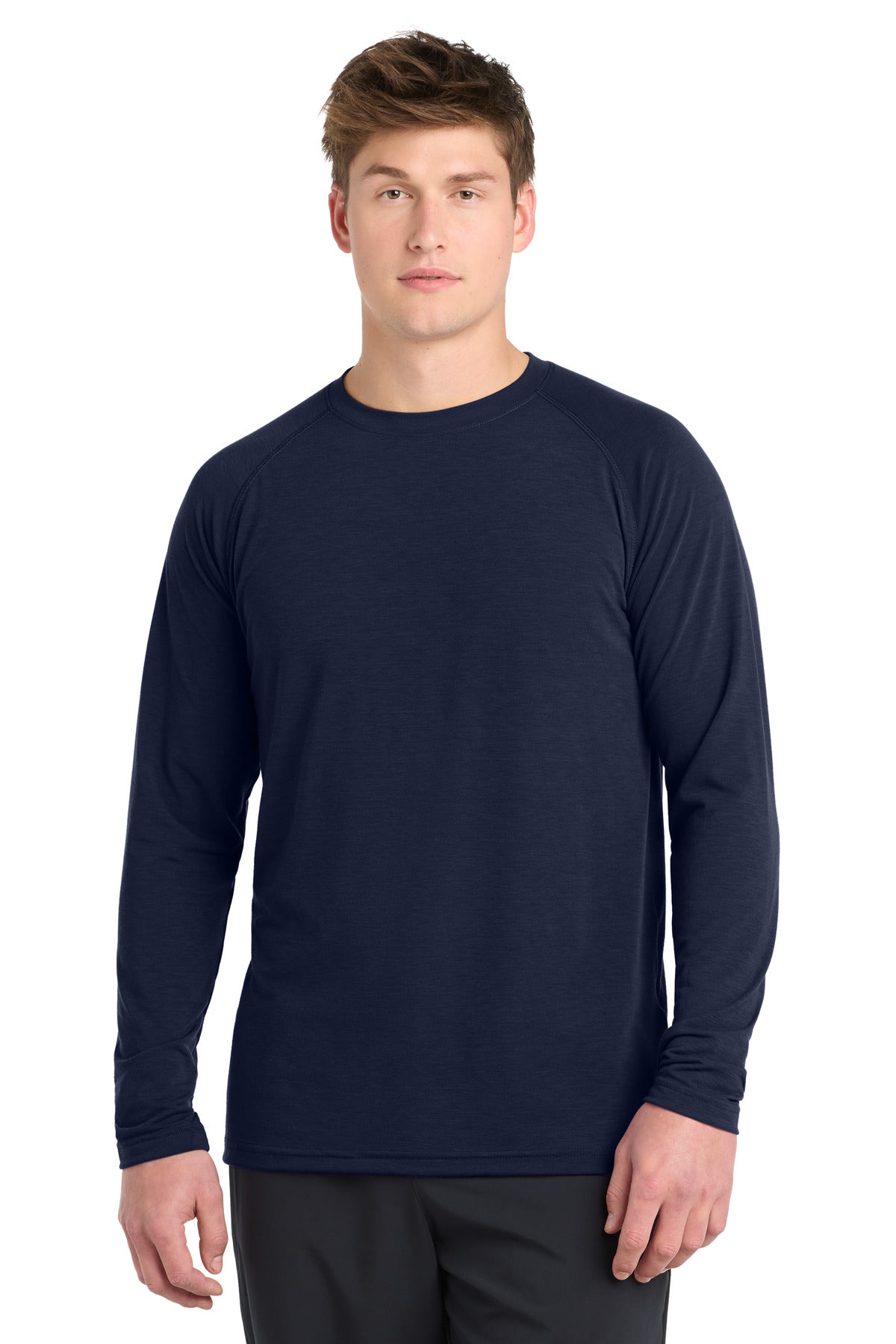 Front View of True Navy Sport-Tek Long Sleeve Ultimate Performance Crew. ST700LS