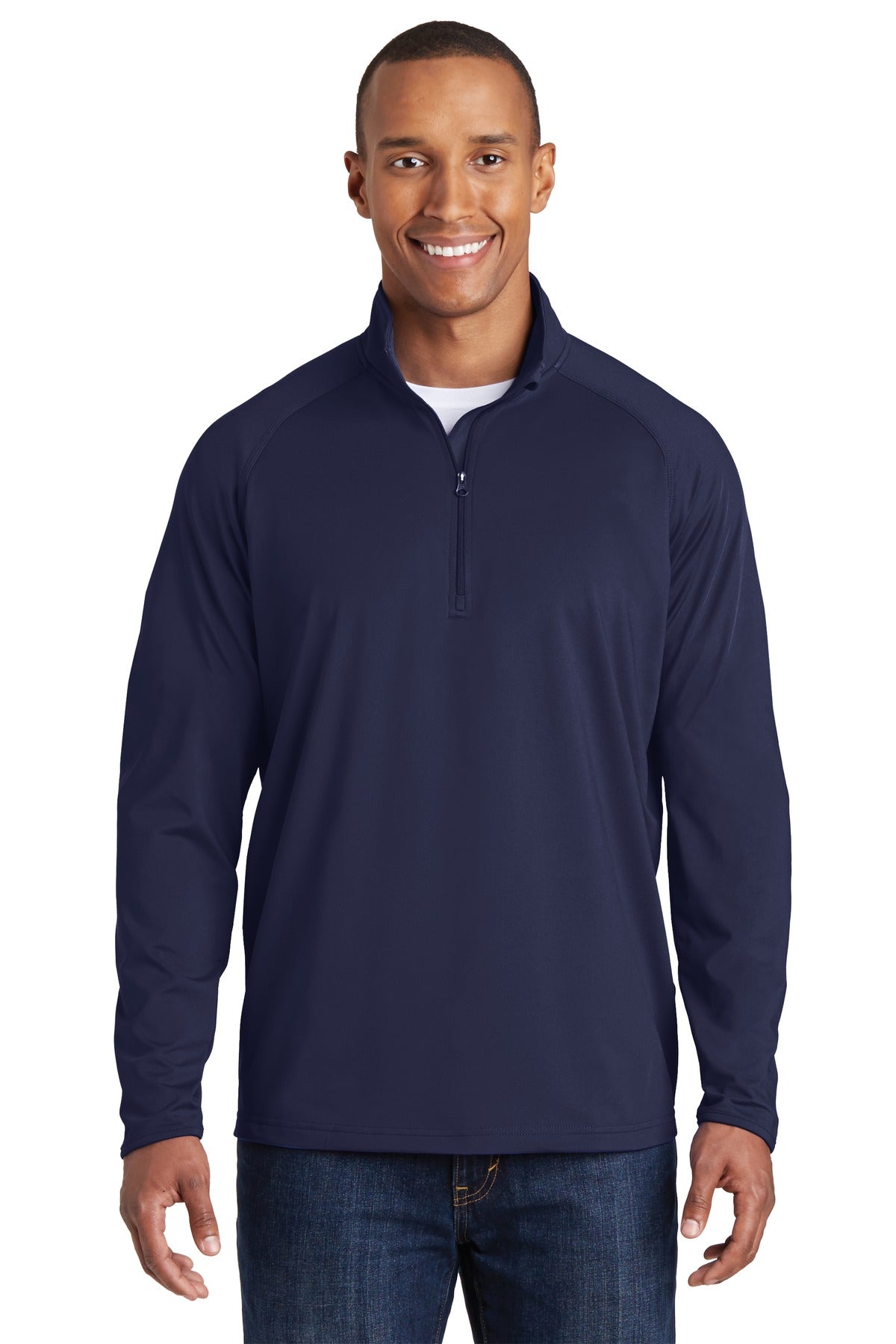 Front View of True Navy Sport-Tek Tall Sport-Wick Stretch 1/4-Zip Pullover. TST850