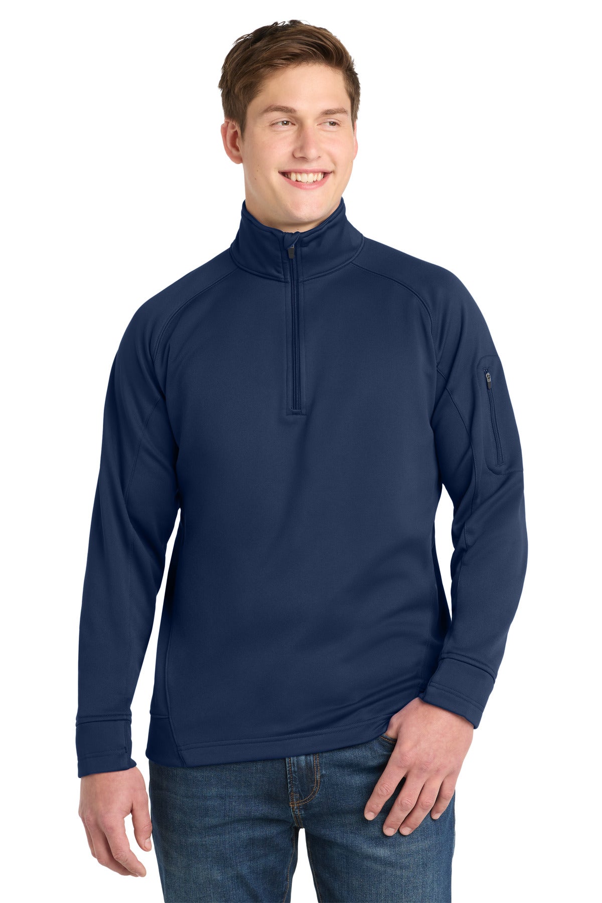 Front View of True Navy Sport-Tek Tech Fleece 1/4-Zip Pullover. F247