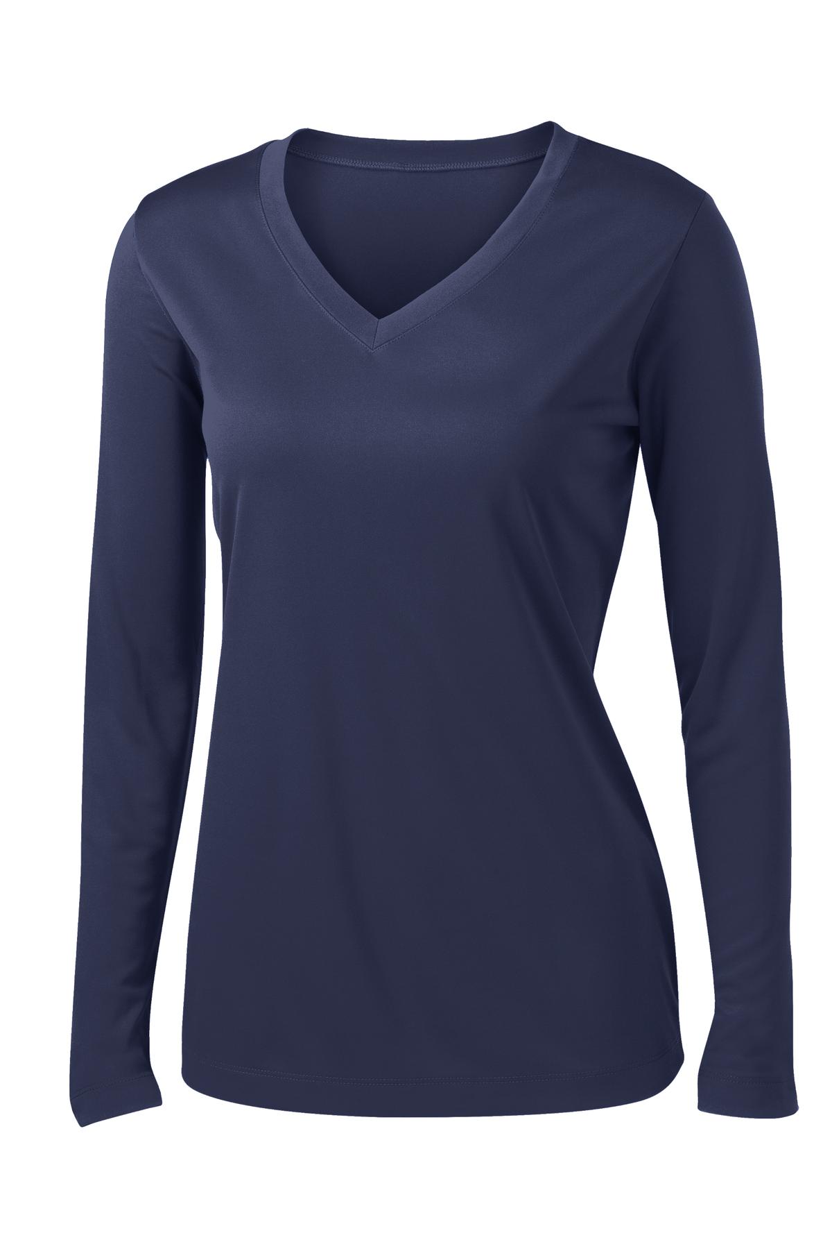 Front View of True Navy Sport-Tek Women's Long Sleeve PosiCharge Competitor V-Neck Tee. LST353LS