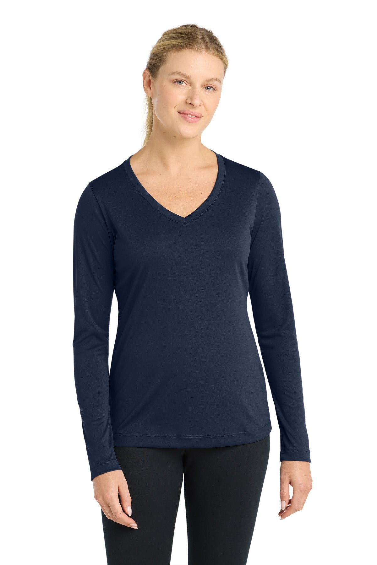 Front View of True Navy Sport-Tek Women's Long Sleeve PosiCharge Competitor V-Neck Tee. LST353LS