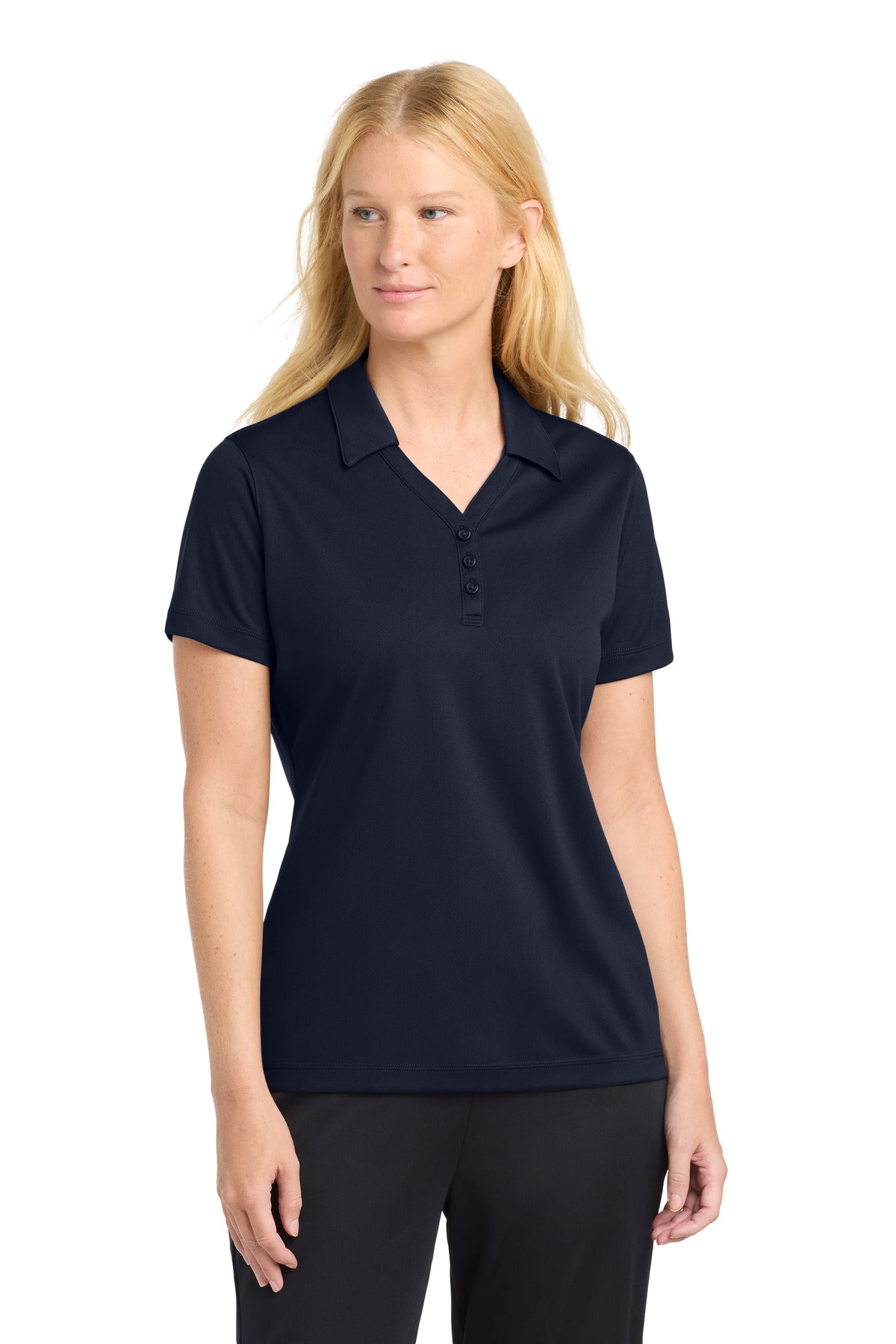 Front View of True Navy Sport-Tek Women's PosiCharge Micro-Mesh Polo. LST680