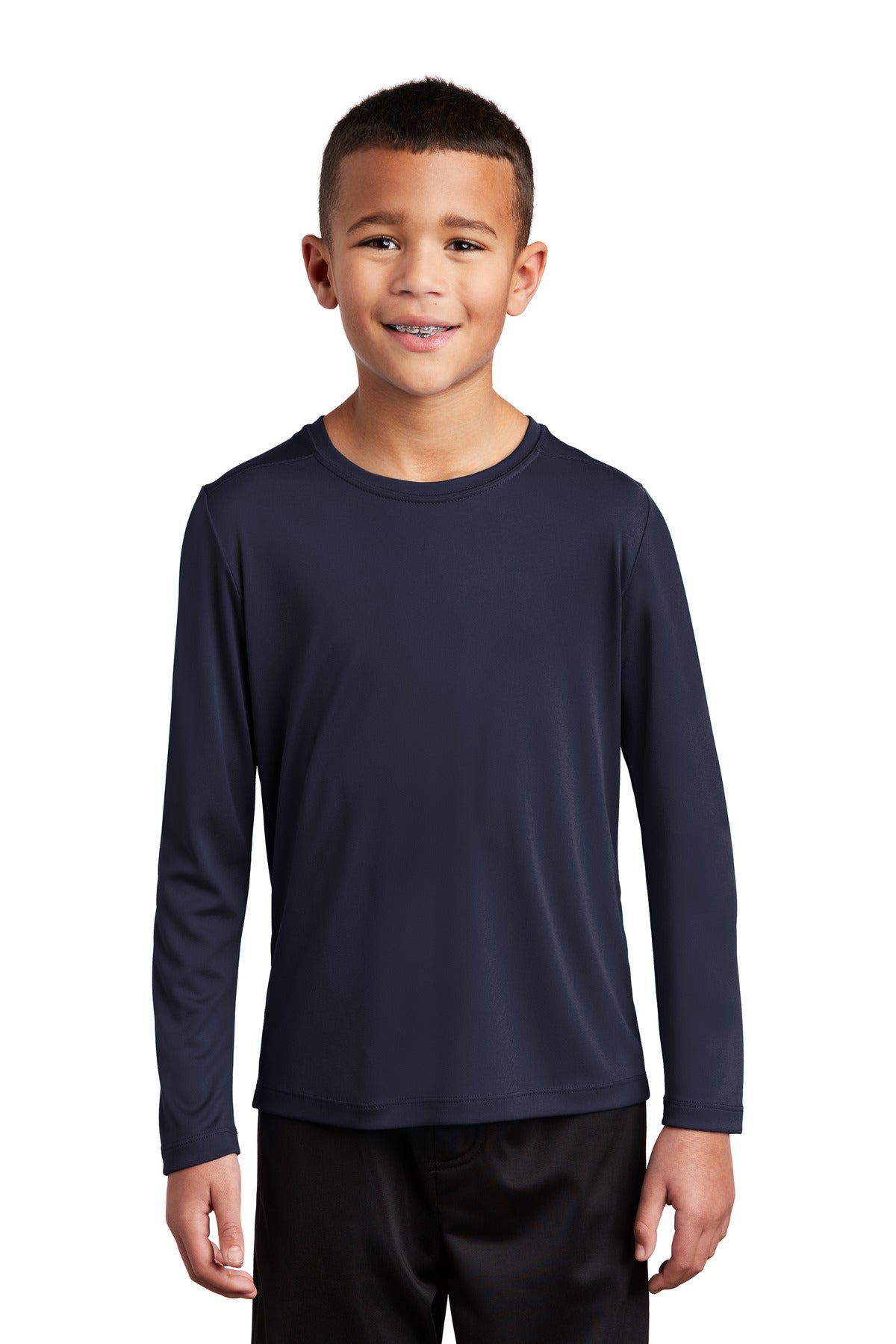 Front View of True Navy Sport-Tek Youth Posi-UV Pro Long Sleeve Tee. YST420LS