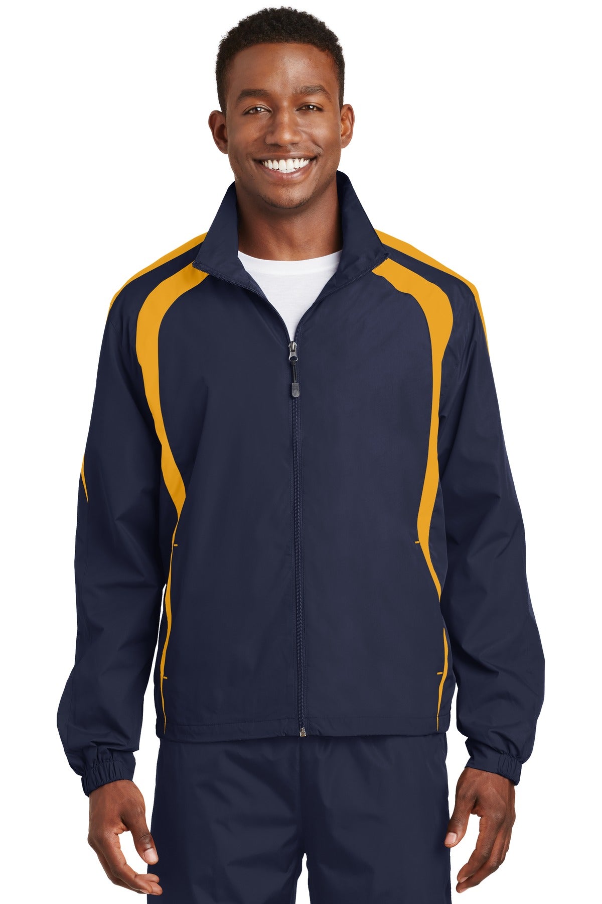 Front View of True Navy/Gold Sport-Tek Colorblock Raglan Jacket. JST60