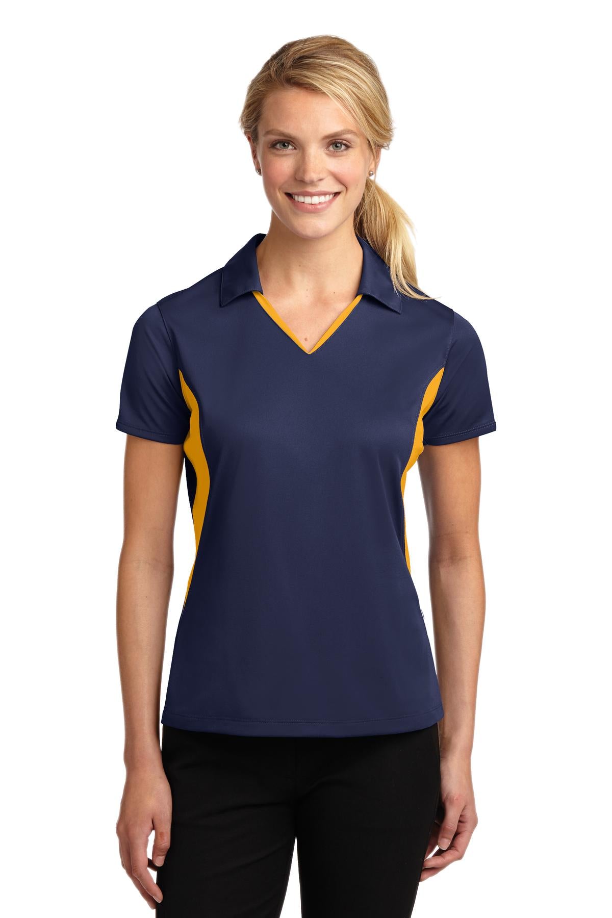 Front View of True Navy/Gold Sport-Tek Women's Side Blocked Micropique Sport-Wick Polo. LST655