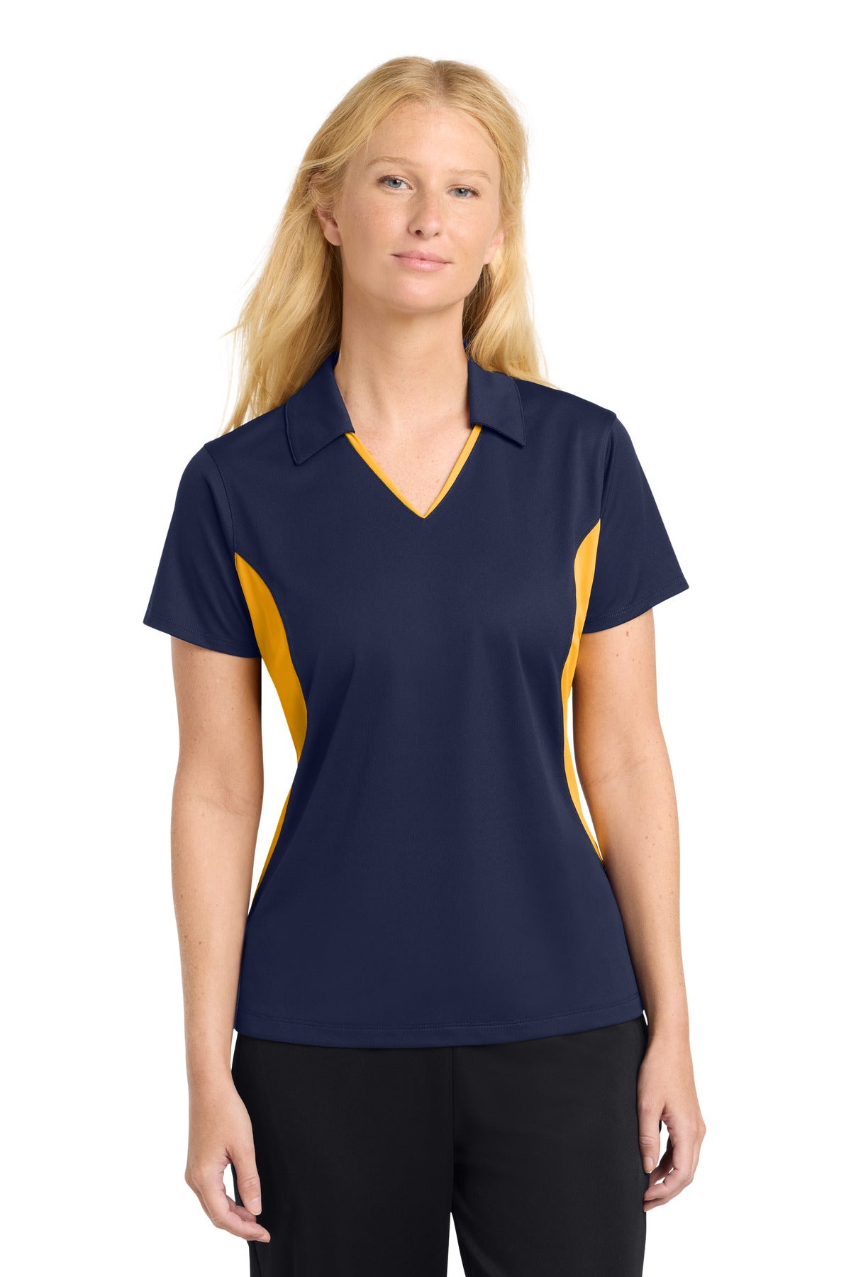 Front View of True Navy/Gold Sport-Tek Women's Side Blocked Micropique Sport-Wick Polo. LST655