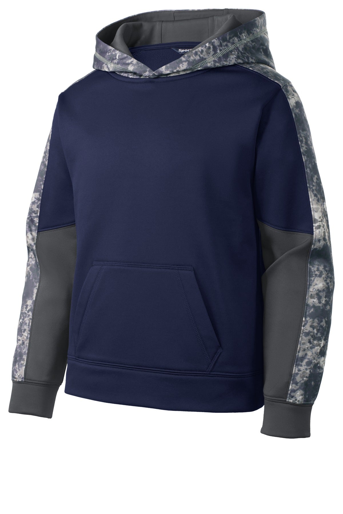 Front View of True Navy/Navy Sport-Tek Youth Sport-Wick Mineral Freeze Fleece Colorblock Hooded Pullover. YST231