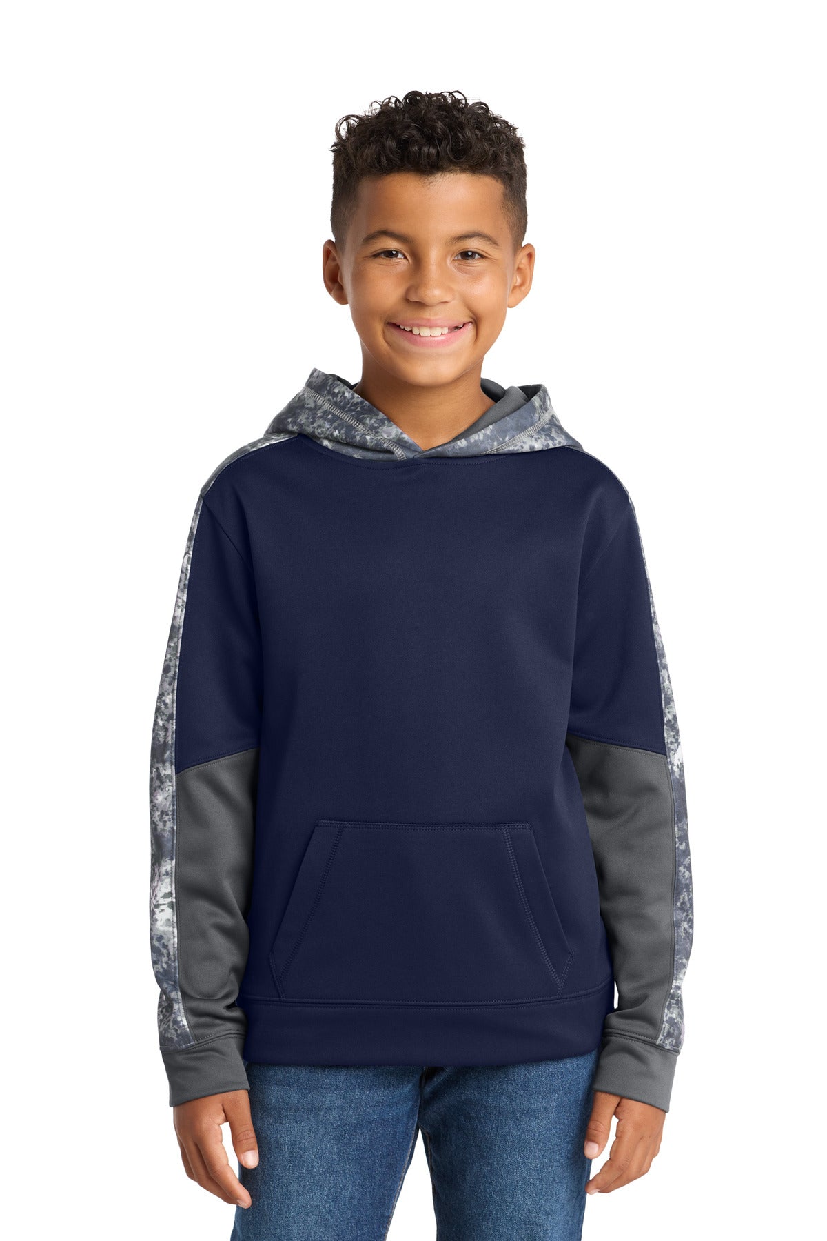 Front View of True Navy/Navy Sport-Tek Youth Sport-Wick Mineral Freeze Fleece Colorblock Hooded Pullover. YST231