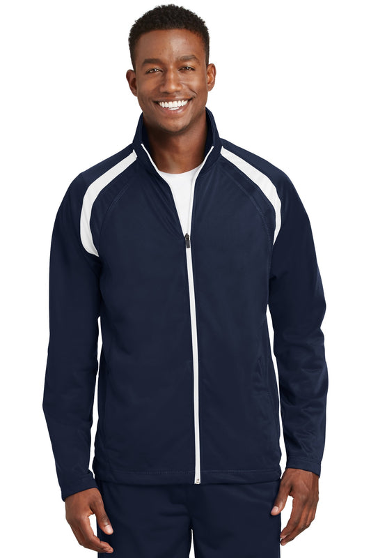 Front View of True Navy/Whit Sport-Tek Tricot Track Jacket. JST90