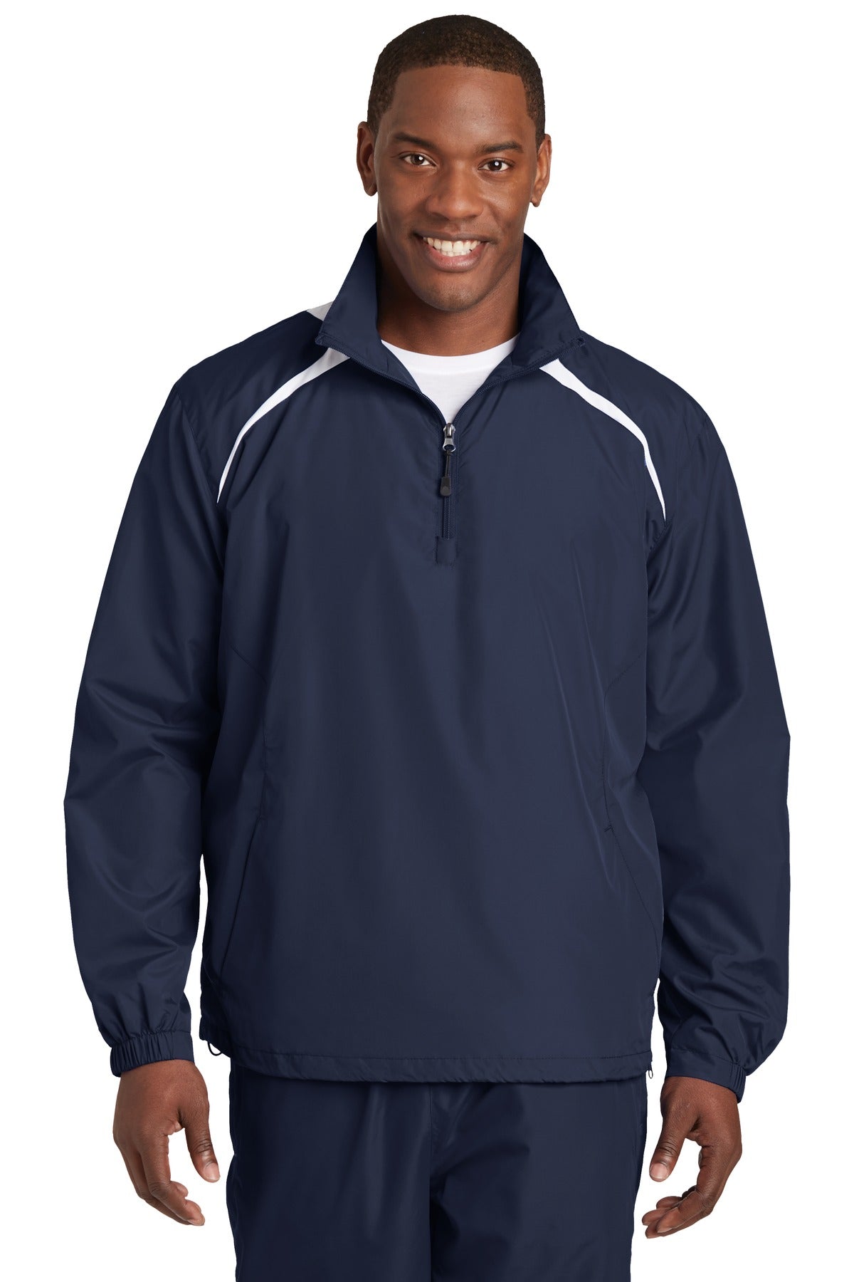 Front View of True Navy/Wht Sport-Tek 1/2-Zip Wind Shirt. JST75