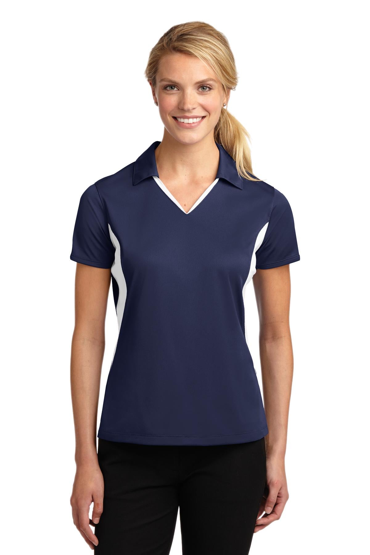 Front View of True Navy/Wht Sport-Tek Women's Side Blocked Micropique Sport-Wick Polo. LST655