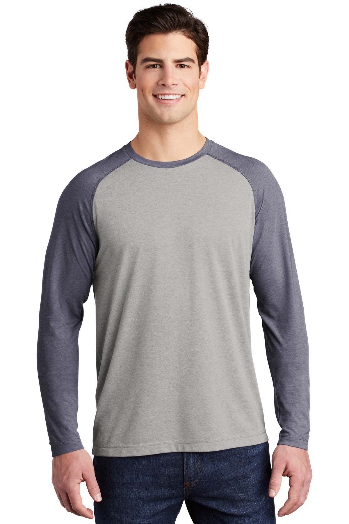 Front View of True Nvy H/LGH Sport-Tek PosiCharge Long Sleeve Tri-Blend Wicking Raglan Tee ST400LS