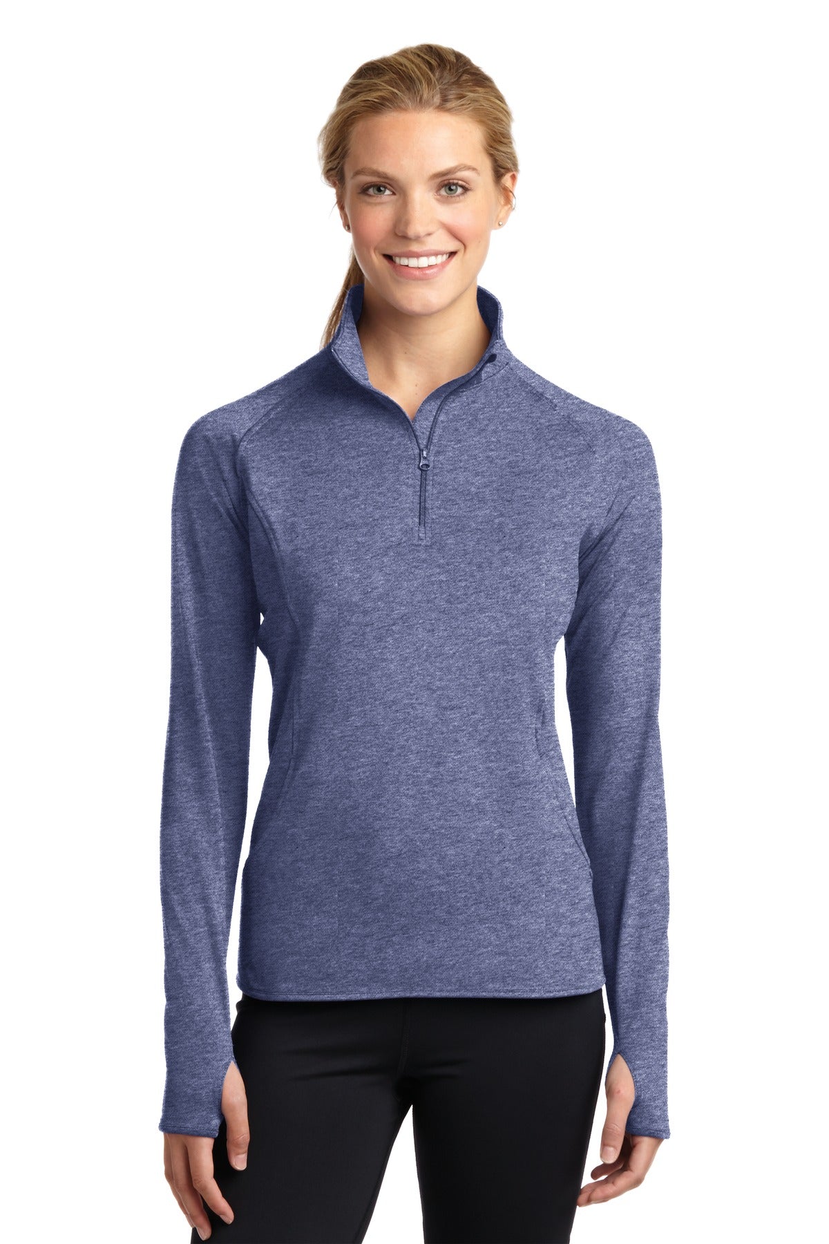 Front View of True Nvy Hthr Sport-Tek Women's Sport-Wick Stretch 1/4-Zip Pullover. LST850