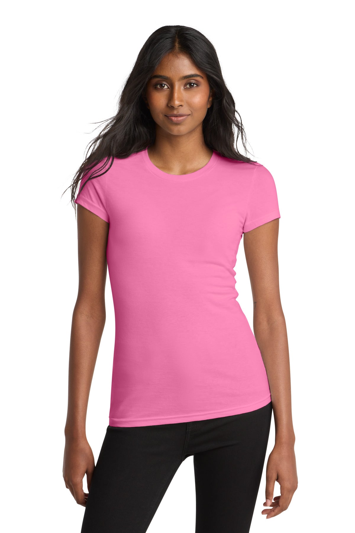 Front View of True Pink District Women's Fitted Very Important Tee . DT6001