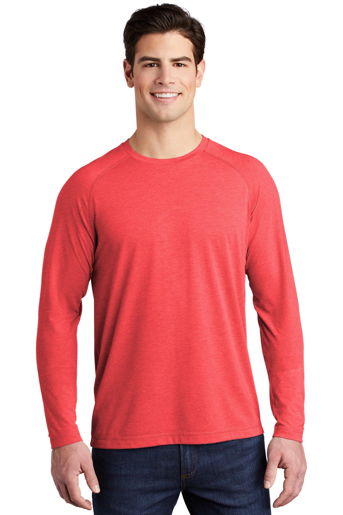 Front View of True Red Hthr Sport-Tek PosiCharge Long Sleeve Tri-Blend Wicking Raglan Tee ST400LS
