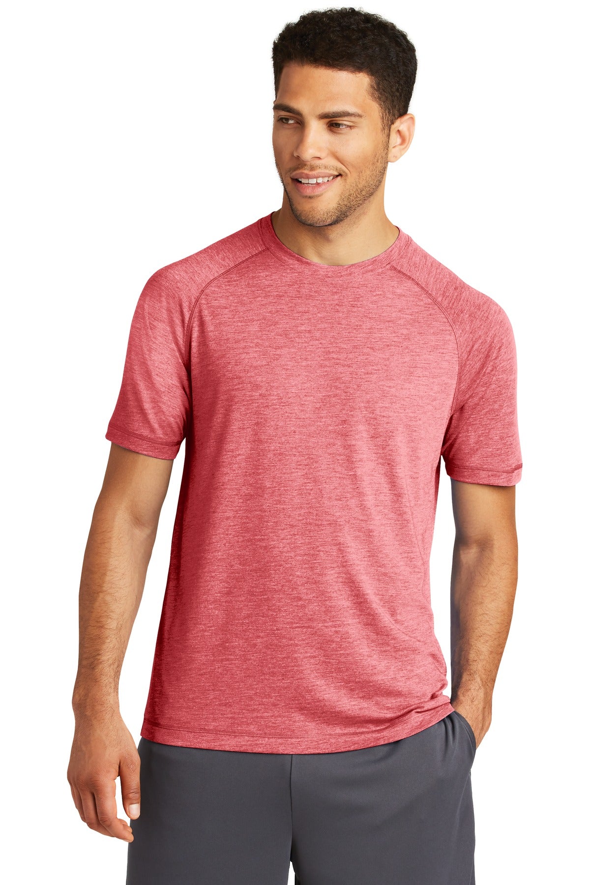 Front View of True Red Hthr Sport-Tek PosiCharge Tri-Blend Wicking Raglan Tee. ST400