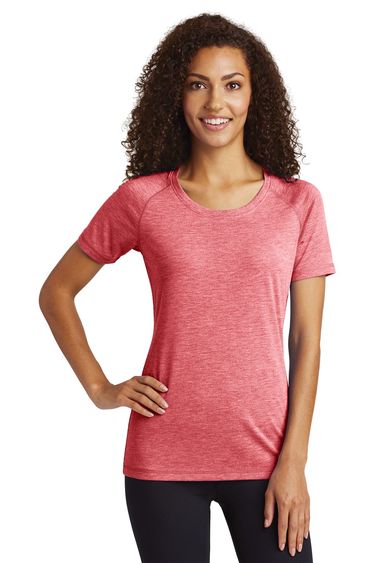 Front View of True Red Hthr Sport-Tek Women's PosiCharge Tri-Blend Wicking Scoop Neck Raglan Tee. LST400