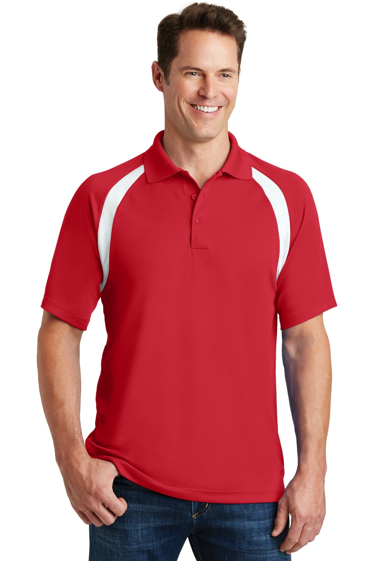 Front View of True Red Sport-Tek Dry Zone Colorblock Raglan Polo. T476