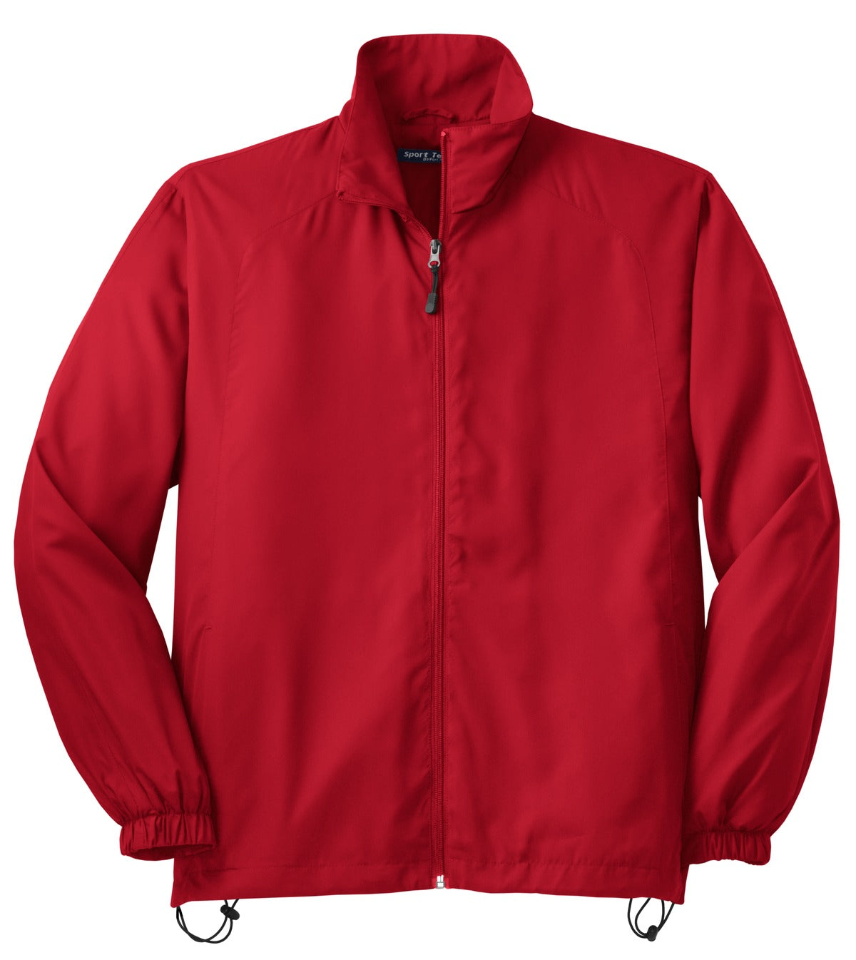 Front View of True Red Sport-Tek Full-Zip Wind Jacket. JST70