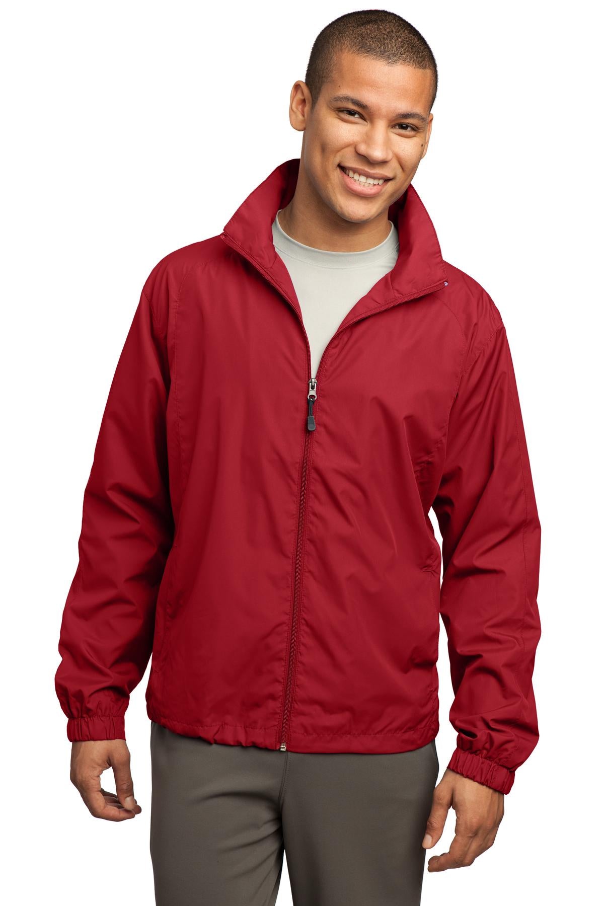 Front View of True Red Sport-Tek Full-Zip Wind Jacket. JST70