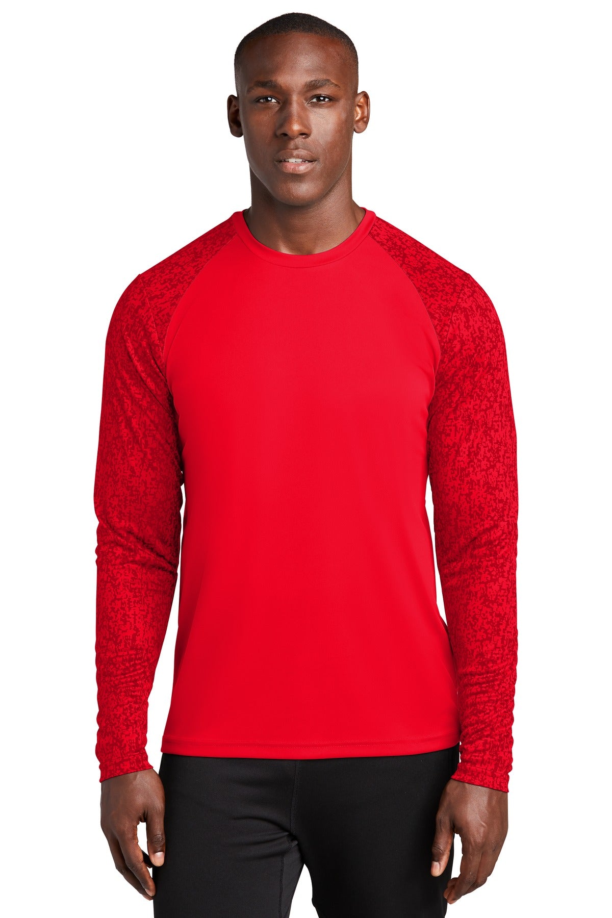 Front View of True Red Sport-Tek Long Sleeve Digi Camo Tee. ST460LS