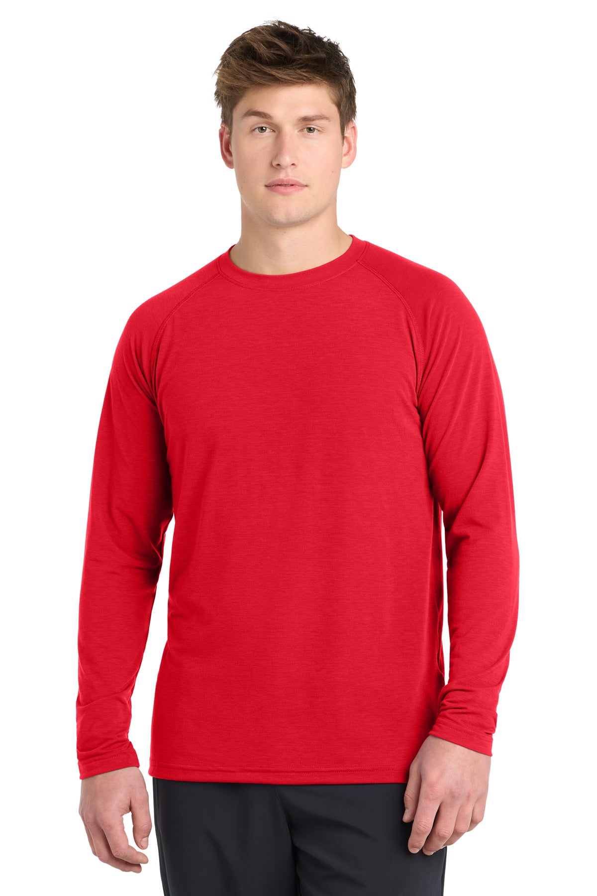Front View of True Red Sport-Tek Long Sleeve Ultimate Performance Crew. ST700LS
