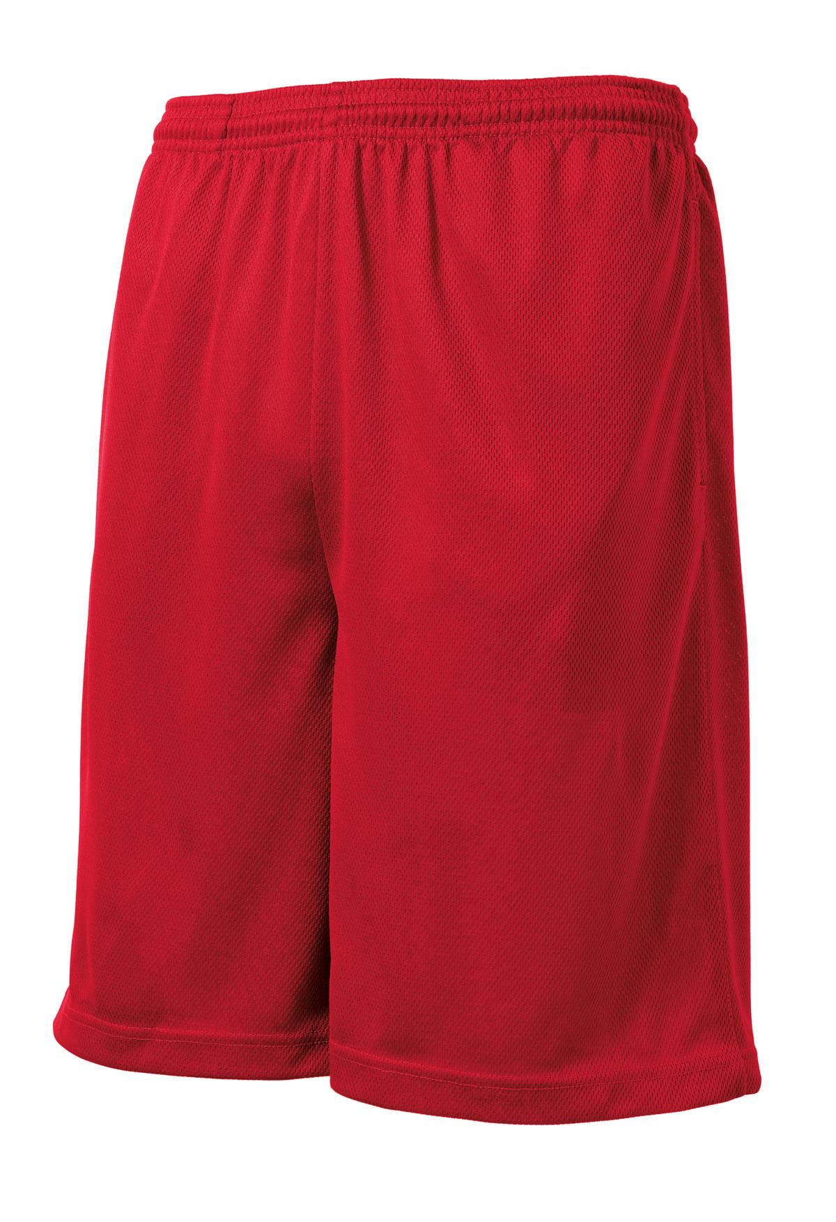 Front View of True Red Sport-Tek PosiCharge Tough Mesh Pocket Short. ST312
