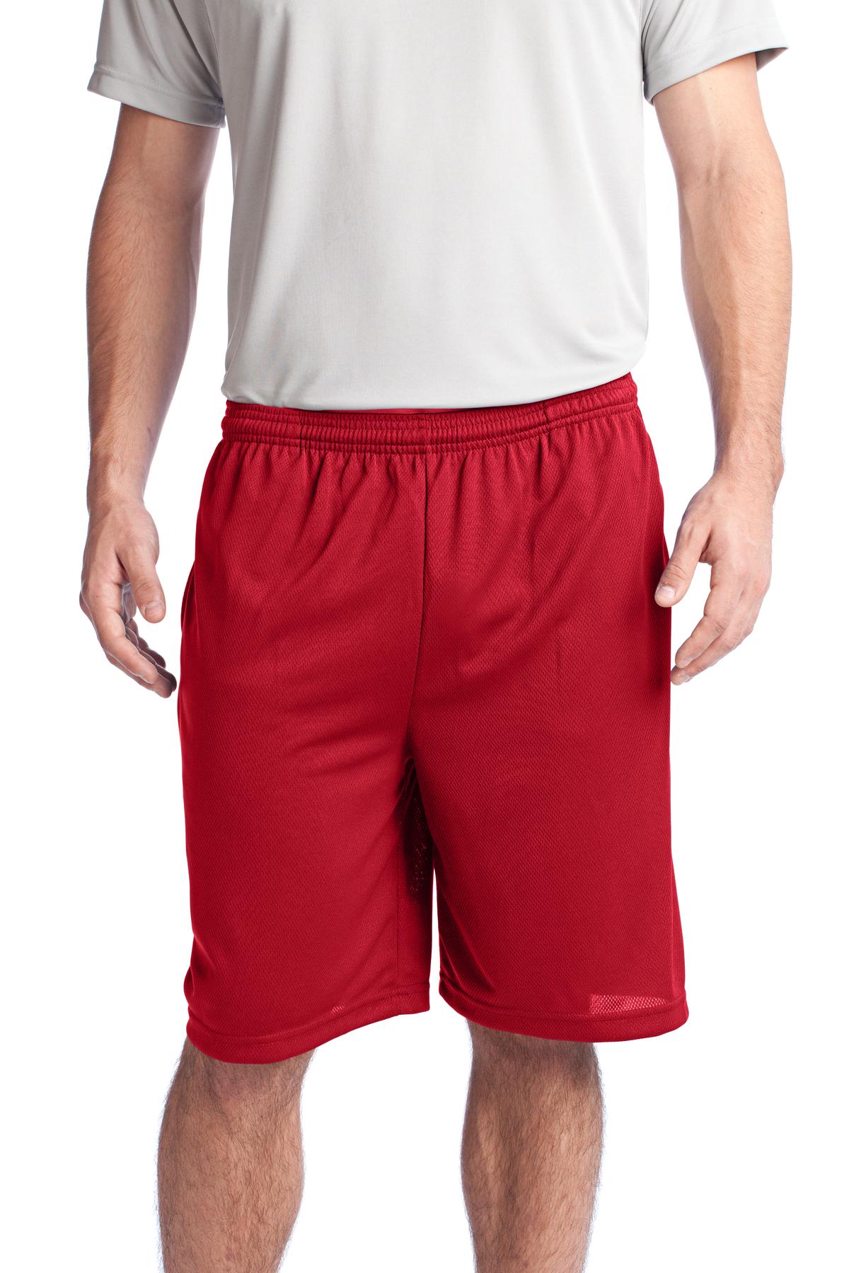 Front View of True Red Sport-Tek PosiCharge Tough Mesh Pocket Short. ST312